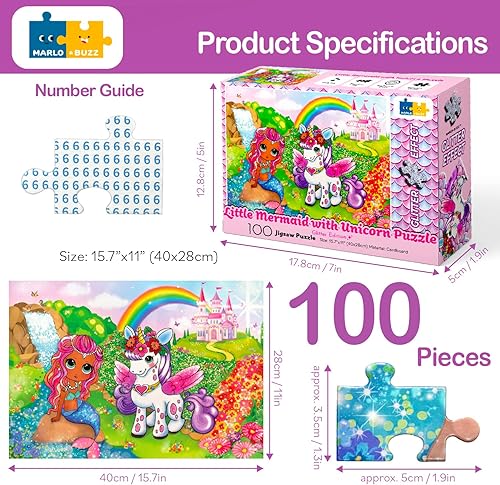 Miniatura 3 de Marlo&Buzz - Rompecabezas con purpurina de 100 piezas rompecabezas de princesa unicornio y sirena diseñados para niños de 4 a 8 años. Piezas grandes
