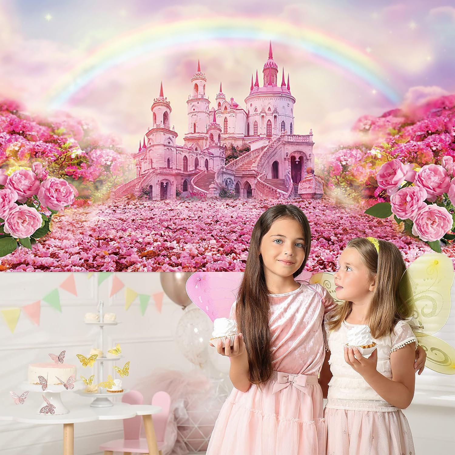 Fond de Château de Princesse 3x2,5 m, Château Rose Fantastique Fleurs Arc-en-Ciel Photographie Fond Filles Anniversaire fête de Mariage Photo Studio Shoot