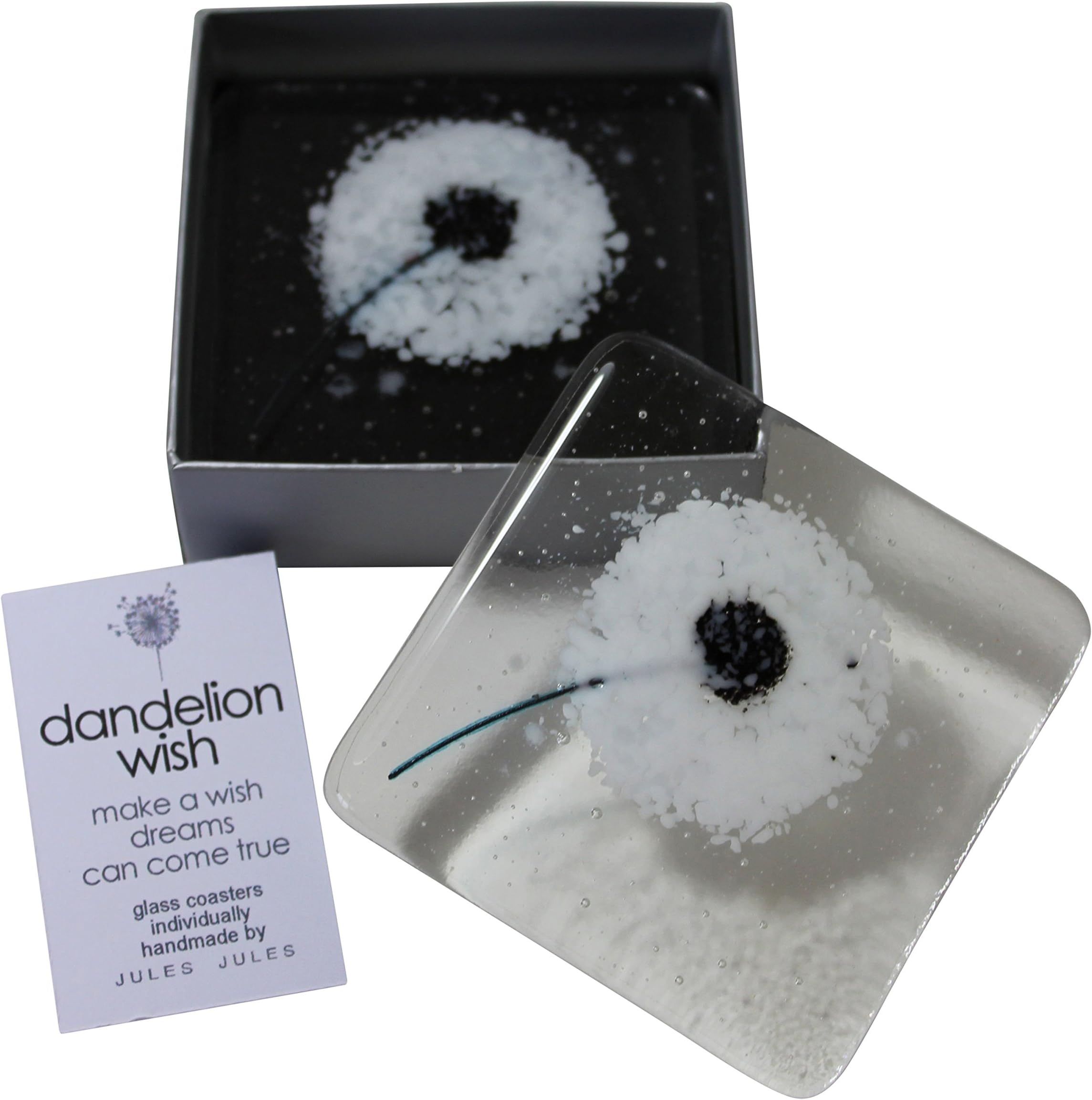 JULES Pair of Handcrafted Fused Glass Coasters Featuring A Beautiful Dandelion Wish