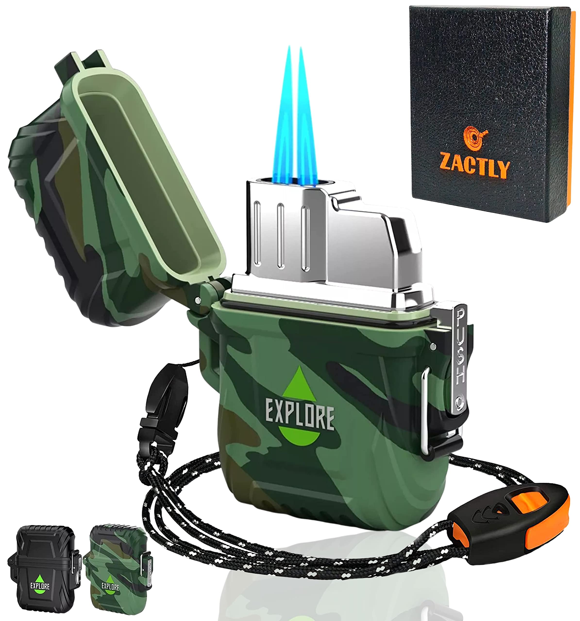 Zactly JL01 Mini Jet Lighter Multifunction Waterproof Windproof Dustproof Adjustable Refillable, Lanyard & Emergency Whistle, Kitchen, Camping & Outdoor Survival Tool (Sold Without Gas) (Camouflage)