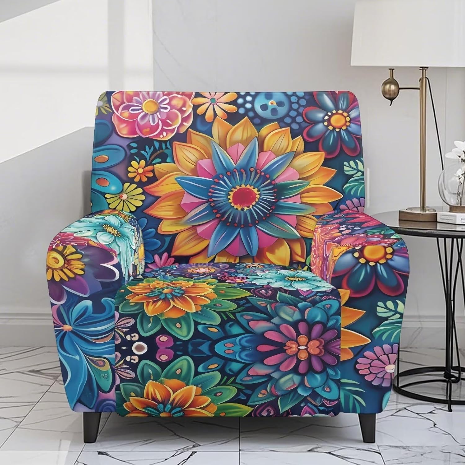 Boho Flowers Elastic Recliner Chair Slipcovers – Stretch Sofa Cover with Pockets, Non-Slip Washable Fabric, Soft & Comfortable for Pets & Kids