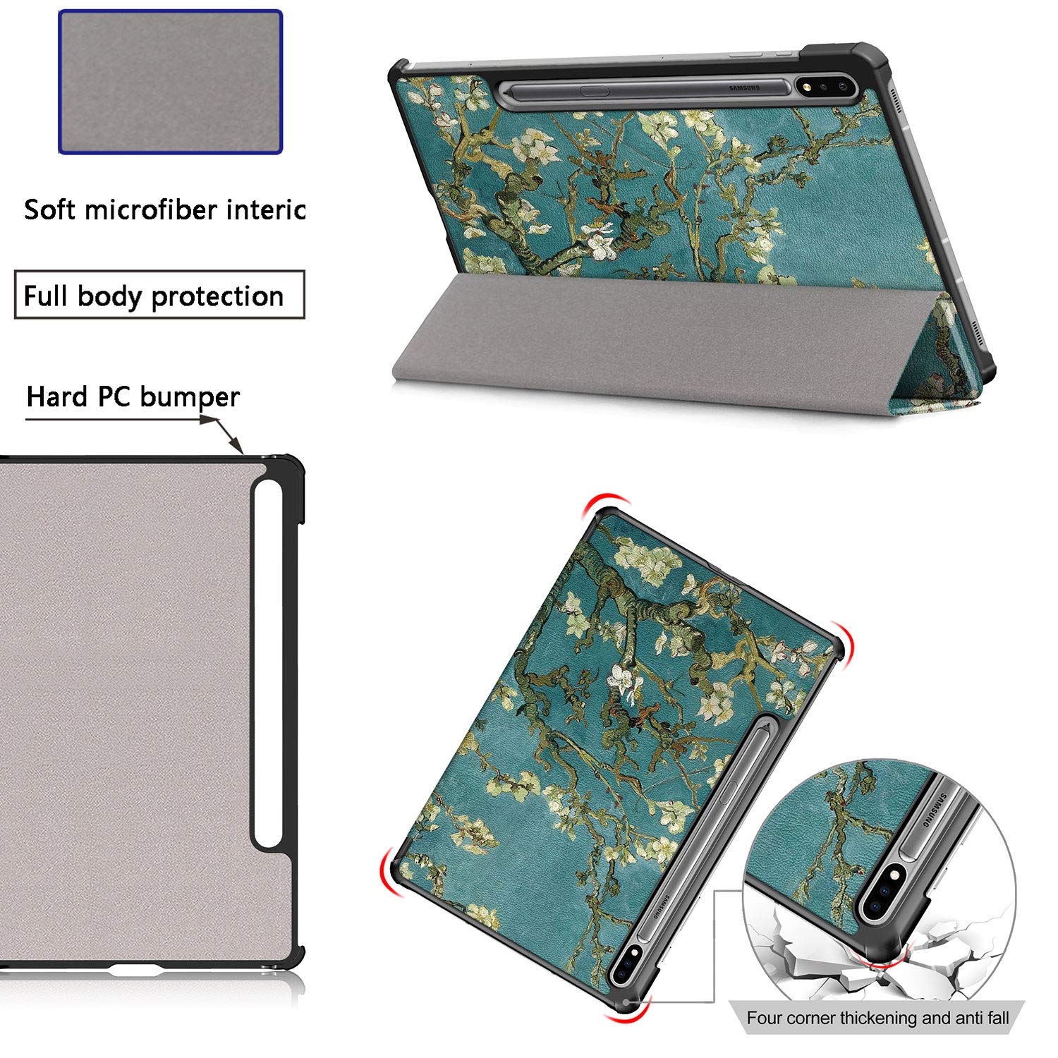 Etui do Samsung Galaxy Tab S8 Plus 12,5 cala 2022/S7 FE 2021/S7 Plus 2020 (SM-X800/X806/T730/T733/T736/T738/T970/T975/T976) lekkie potrójnie składane cienkie etui do automatycznego budzenia E/Sen, migdałowy Kwiat