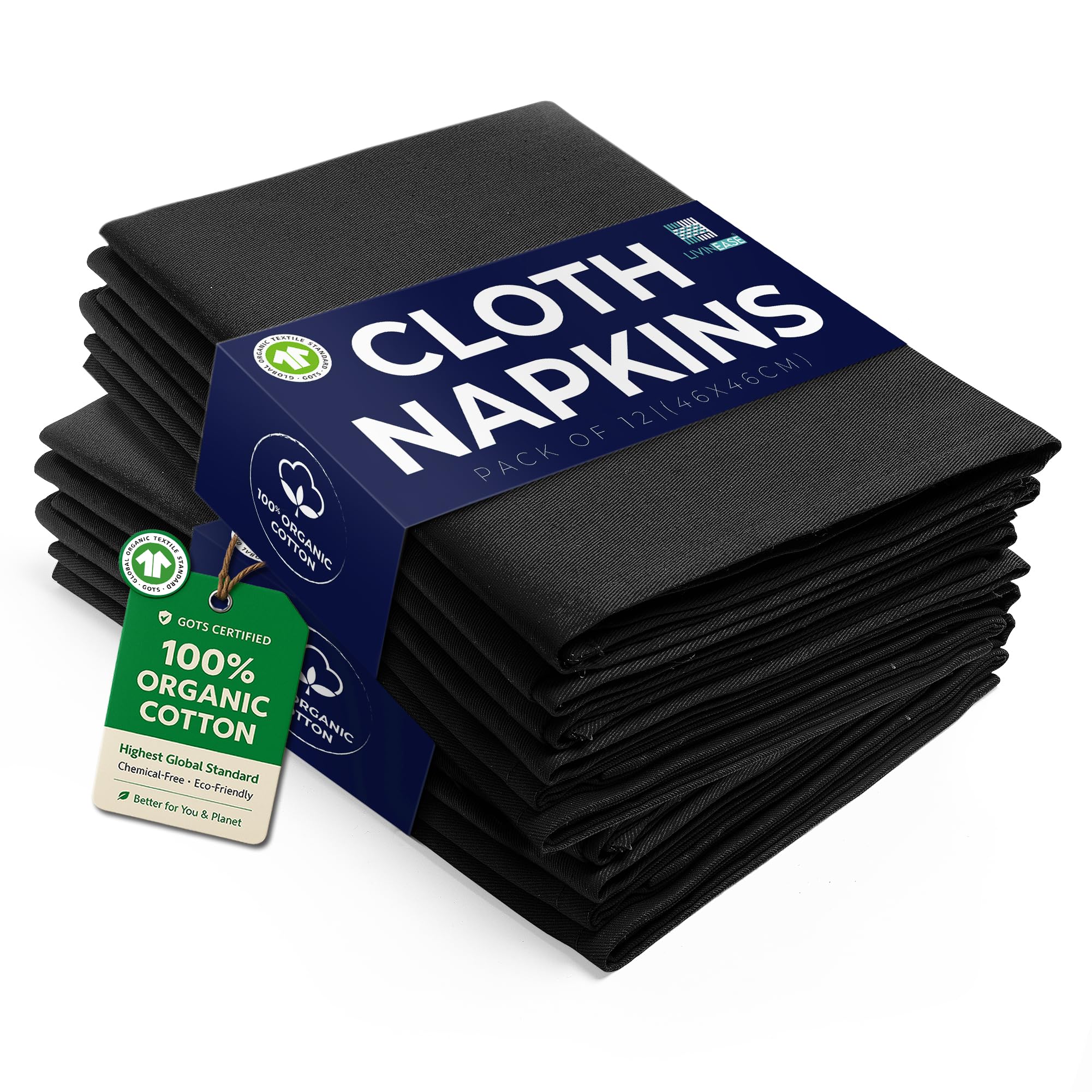 LivinEase Cotton Fabric Napkins - Pack of 12 Black Table Napkins - Large Reusable 100% Cotton Cloth Napkins 46 x 46 cm for Christmas Table (Black)