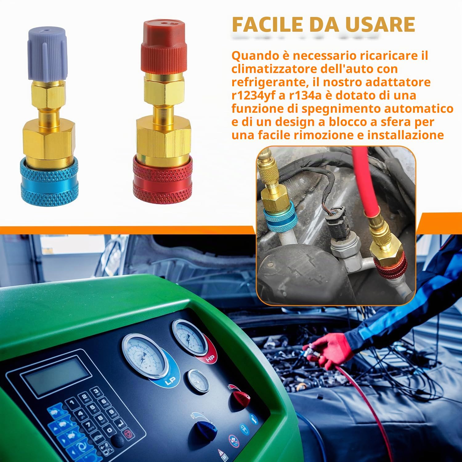 R1234yf Kit di ricarica del refrigerante R1234yf a R134a Connettore rapido Lato alto Lato basso R1234YF Adattatore connettore tubo per la ricarica del refrigerante A/C (2 pezzi)