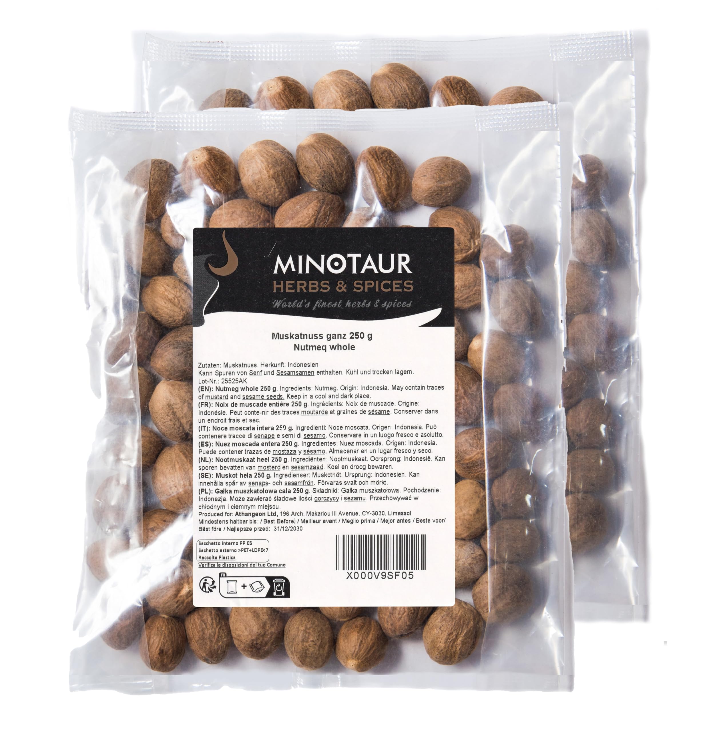 Minotaur Spices | Noix de muscade entière | 2 x 250 g (500 g) | environ 100-130 morceaux (selon la taille de la noix)