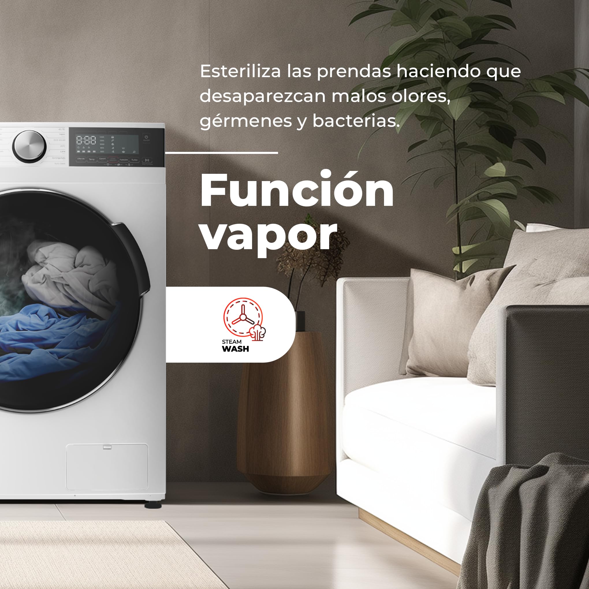 EVVO Lavadora 8kg, Vapor, Bajo consumo, Clase A, Motor Inverter, Hygiene Pro, Lavado Rápido 15', Tambor ePROTECT, SMART LOAD, 1400 rpm, 13 programas, Carga frontal, Nova (8Kg, Inox)