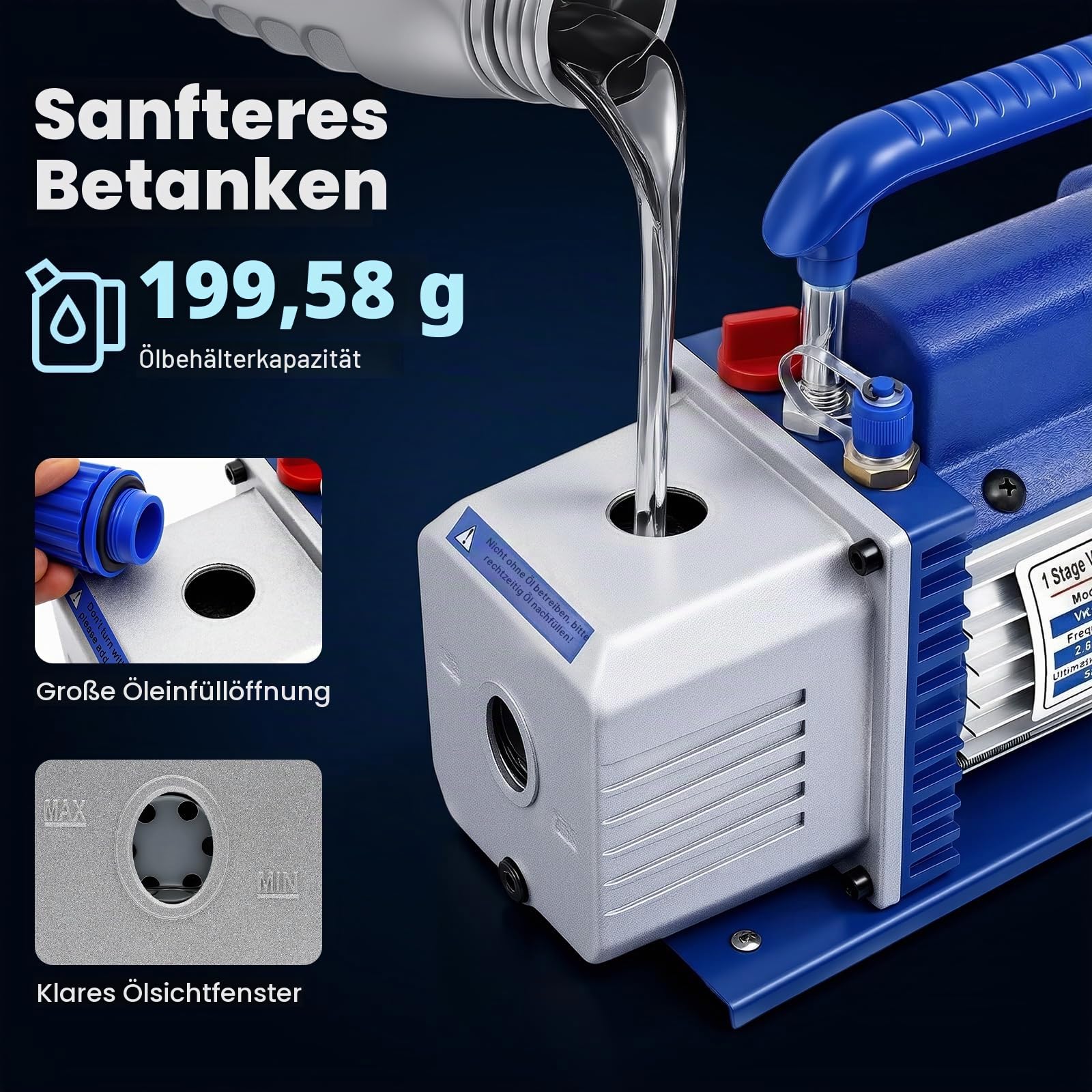 Vakuumpumpe Klimaanlage 180W, Profi Vakuumpumpe Set mit 3 Schläuchen & Manometer, 150 Mikron für R32/R134a/R410a, 1/4" Anschluss, Ideal als Unterdruckpumpe für Kfz und Klimaservice