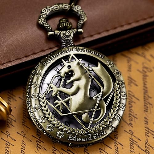 Miniatura 5 de Reloj de bolsillo Fullmetal Alchemist Edward Elric Anime con cadena de llavero y caja de collar, bronce, 1. Bronce, Retro