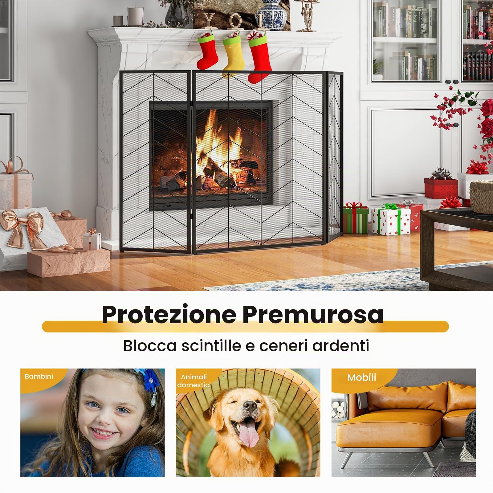 GIANTEX Parascintille per Camino 3 Pannelli, Parafiamma per Camino 132 X 79 CM, Protezione dalle Scintille e Ceneri, Griglia di Protezione per Forno (Banda, 132 x 79 cm)