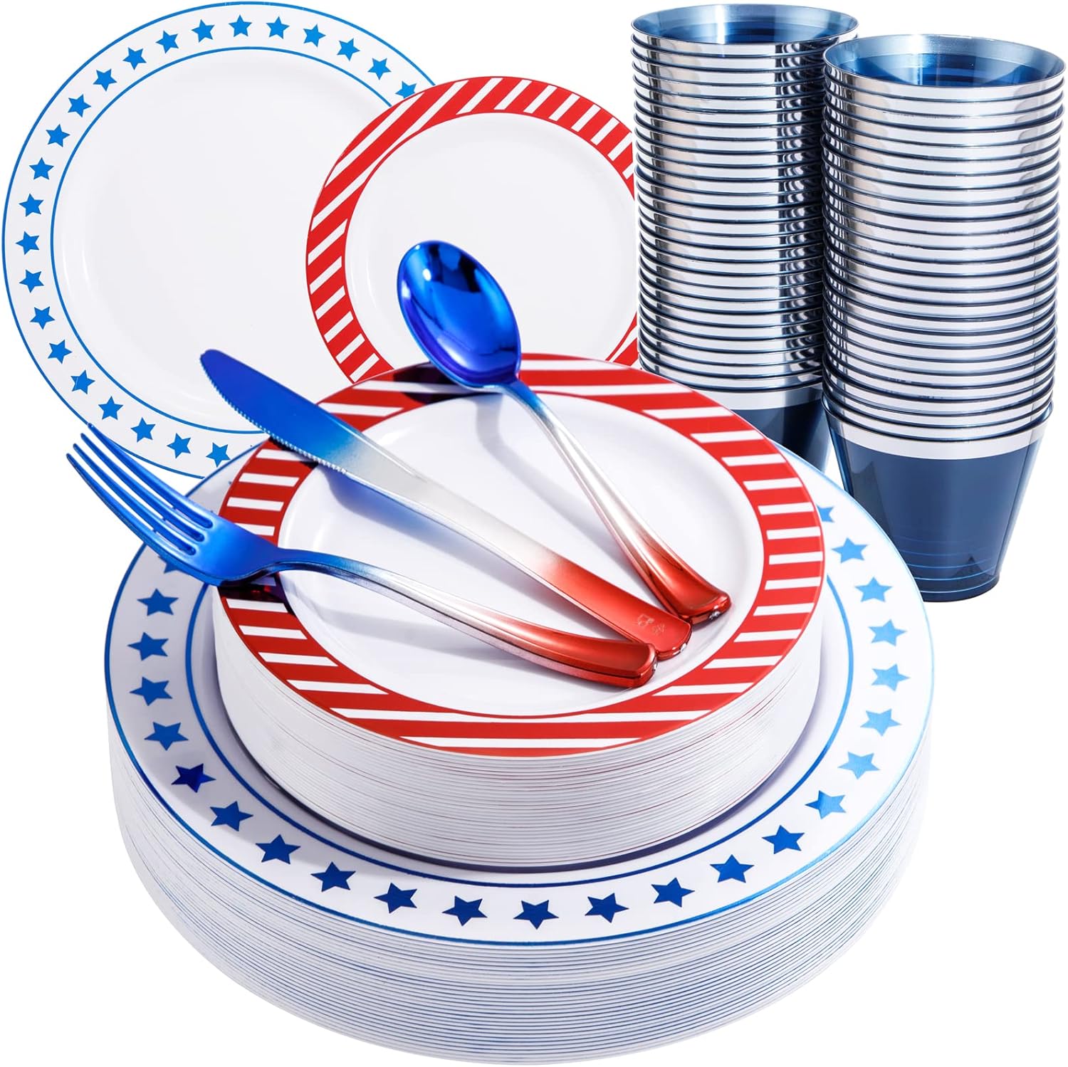 LIYH 180 Pcs 4th of July Plastic Plates - Red White Blue Plastic Silverware & Independence Day Plates Include Dinner Plate, Dessert Plate, Forks, Knives, Spoons, Cups,Perfect for Memorial Day
