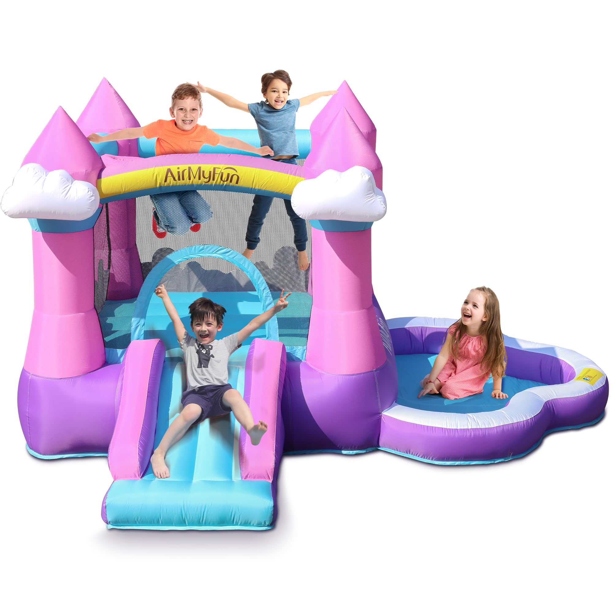 AirMyFun Pink Indoor/Outdoor Inflatable Bounce House for Kids 3-8 - Bouncy Castle with Slide, Blower, Water Pool & Ball Pit