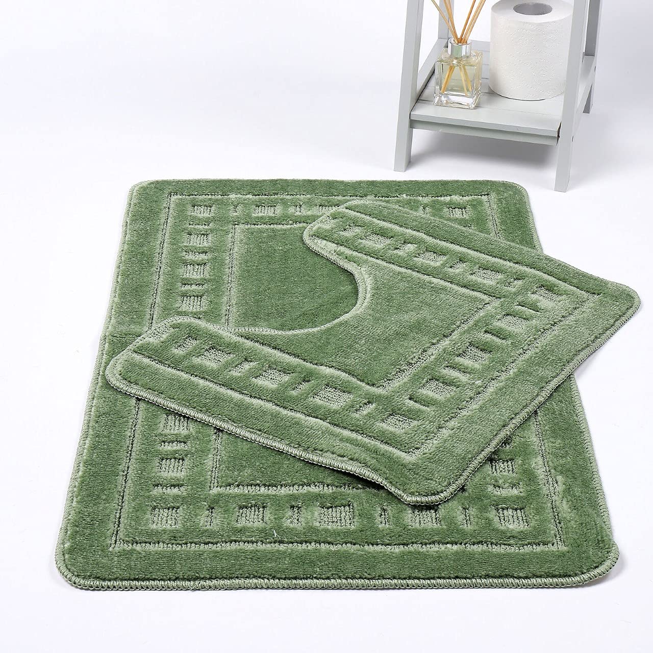 Slumber Nights Diem Bath Mat and Pedestal Mat Set Non Slip 2 Pcs Bathroom Floor Rug (Sage Green)