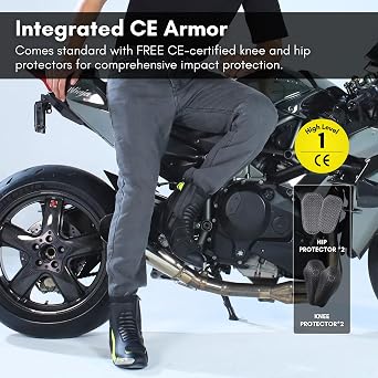 Motorcycle Jeans for Men Lined with Twaron Aramid Fiber - Reinforced Motorcycle Pants, CE Knee and HIPS Protectors