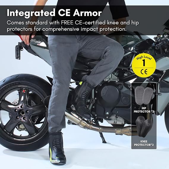 Motorcycle Jeans for Men Lined with Twaron Aramid Fiber - Reinforced Motorcycle Pants, CE Knee and HIPS Protectors