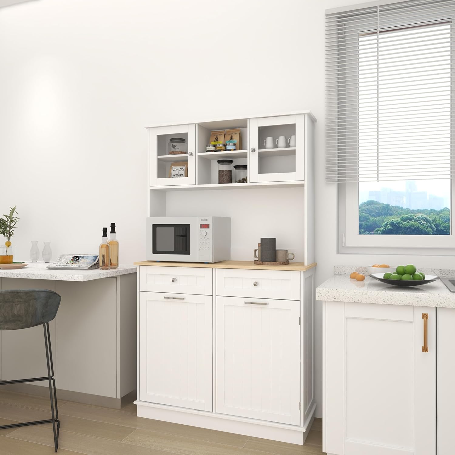 Kitchen Pantry Cabinet, 67.7" Tall Kitchen Trash Can Storage Cabinet 2 Drawers, Freestanding Tilt-Out Trash Can Cabinet 10 Gallon, Microwave Coffe Bar