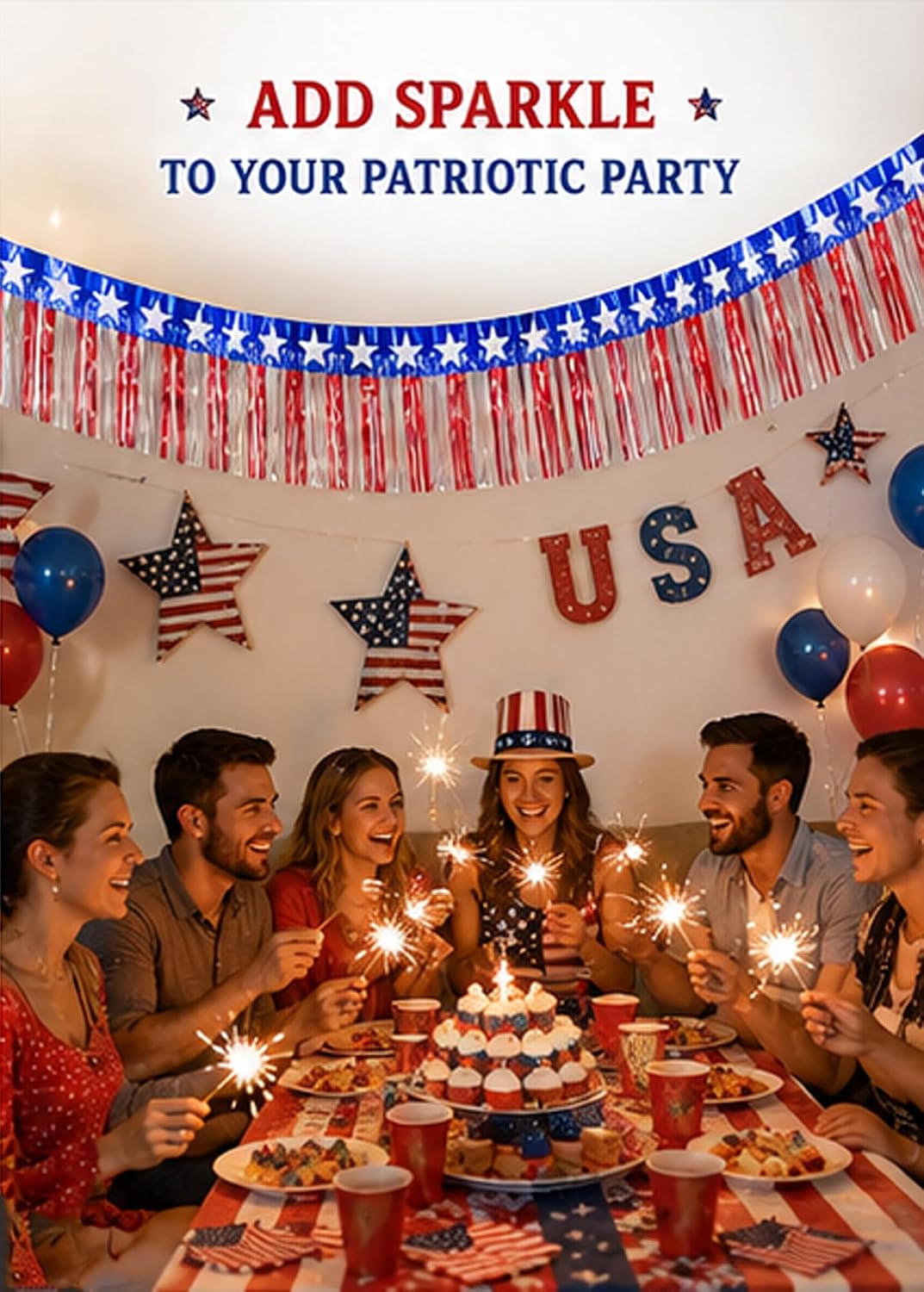 2026 New 4th of July Decorations 2PCS 40 Ft Foil Fringe Garland Tinsel Streamers, Red White and Blue Star Metallic Hanging Backdrop Banner Table Skirts for Parade Floats Memorial Day Patriotic Party