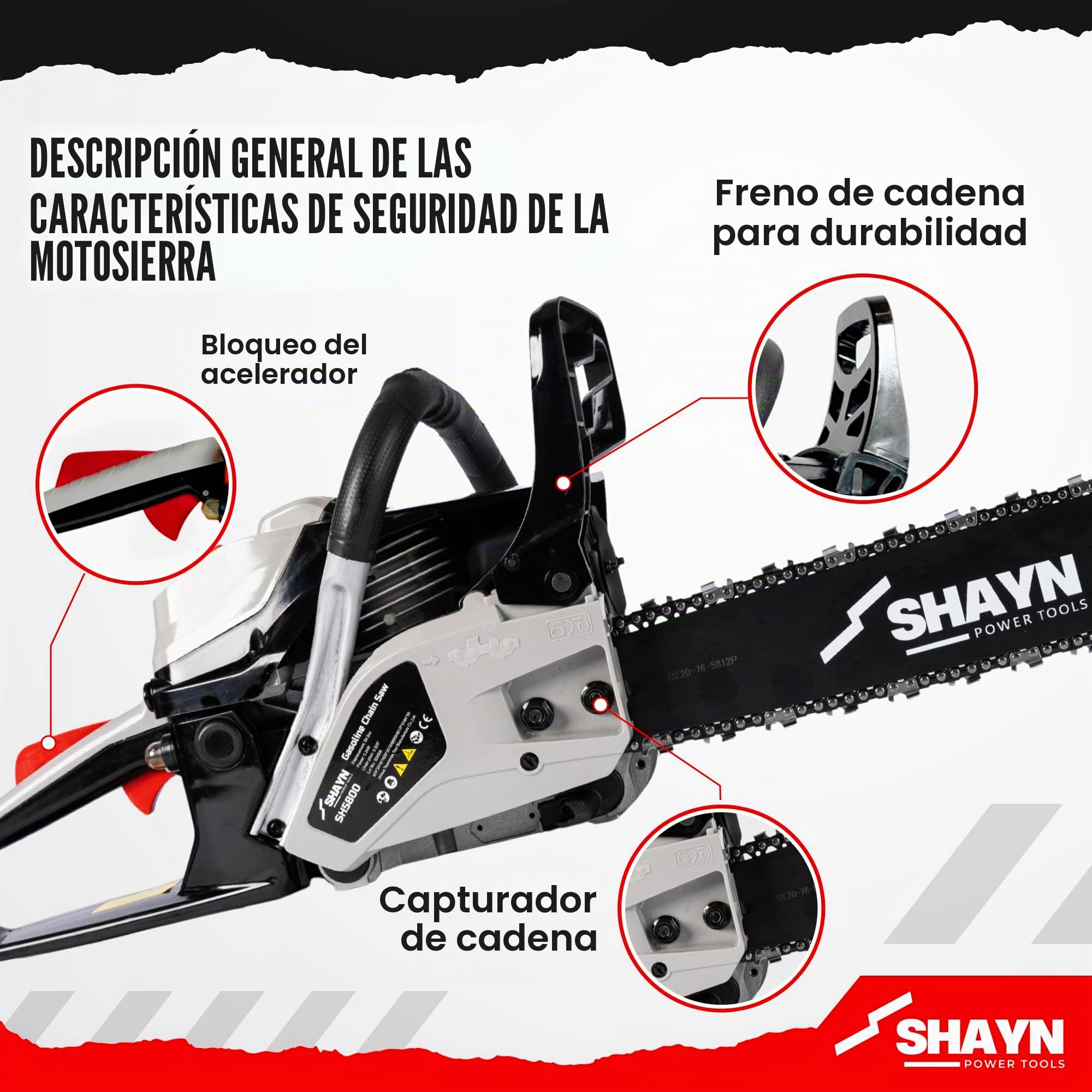 SHAYN Motosierra Gasolina de 58 cc – Sierra de cadena con mango superior de 2 tiempos con barra de espada de 50 y 40 cm, 4 cadenas de repuesto, antivibración - Ligera con 3 años de garantía