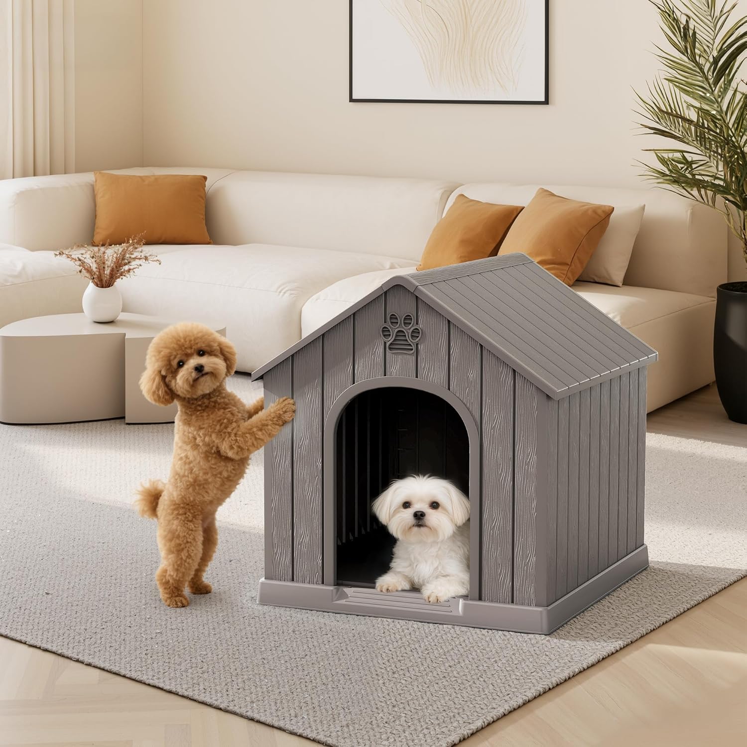 Fancyango Dog House Outdoor Indoor, Weatherproof Dog House with Elevated Floor and Air Vents for Small to Medium Dogs,Easy Clean and Assemble (Grey, 26.18''L × 24.02''W × 25.98''H)