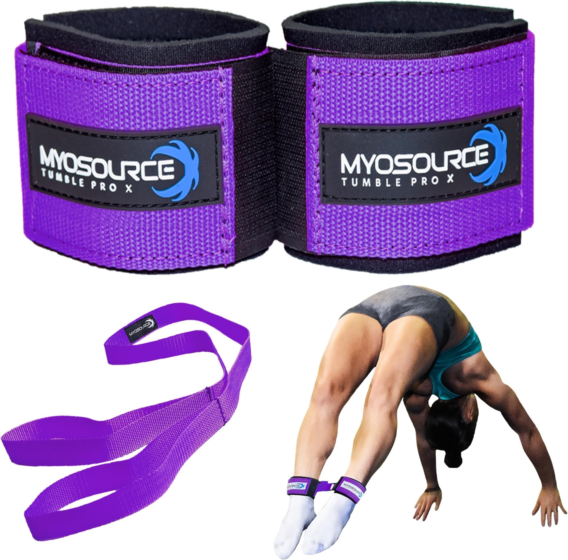 Myosource Kinetic Bands Tumble Pro X Ankle Straps Kit – Cheerleading Standing Tumbling Equipment, Gymnastics Backhandspring Trainer – Includes Flexibility Stunt Stretch Strap – Purple