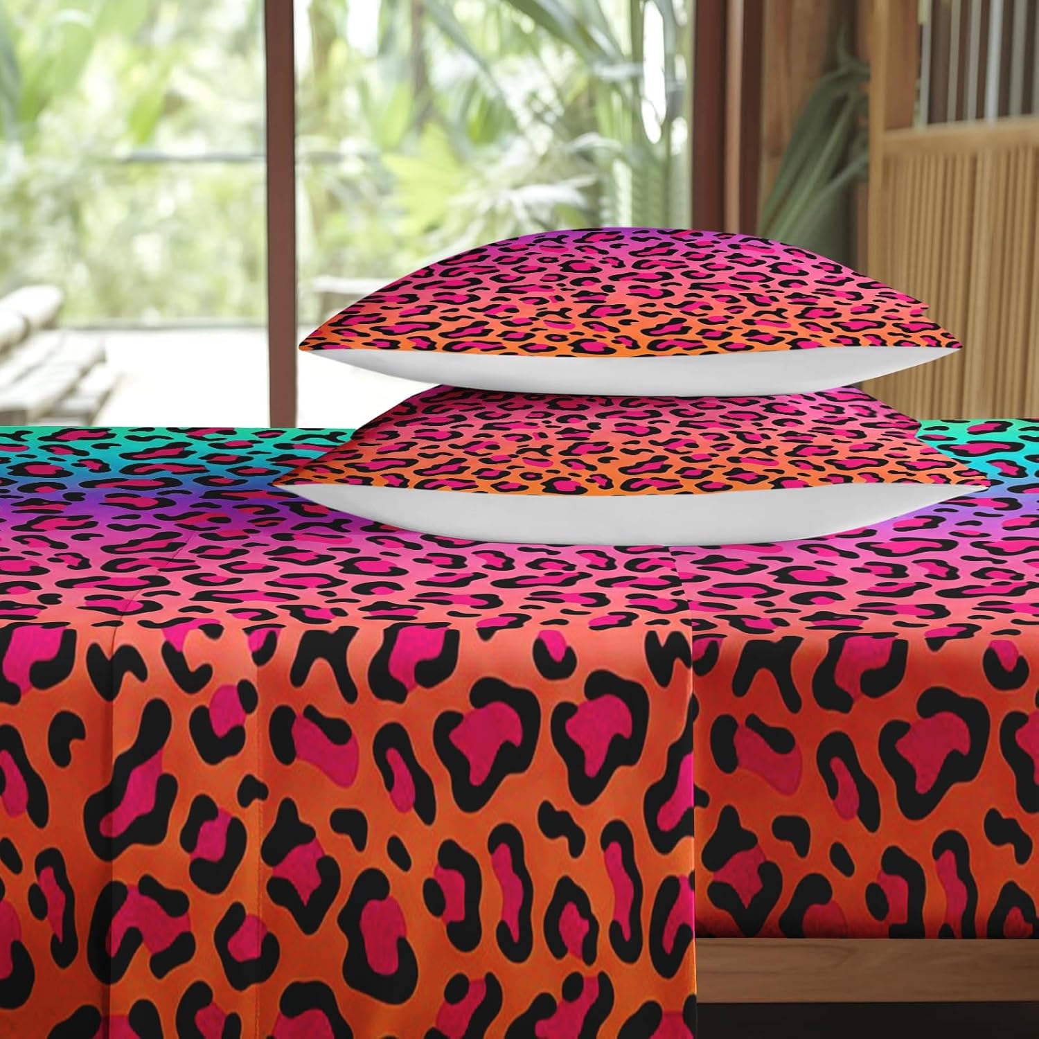 Pamnest Queen Size Bed Sheet Sets, Colorful Neon Leopard Soft Microfiber 4 Pcs Bedding Sets for Kids and Adults Bedroom Bed Decor, Cheetah Rainbow Psychedelic Flat, Fitted Sheet and 2 Pillowcases