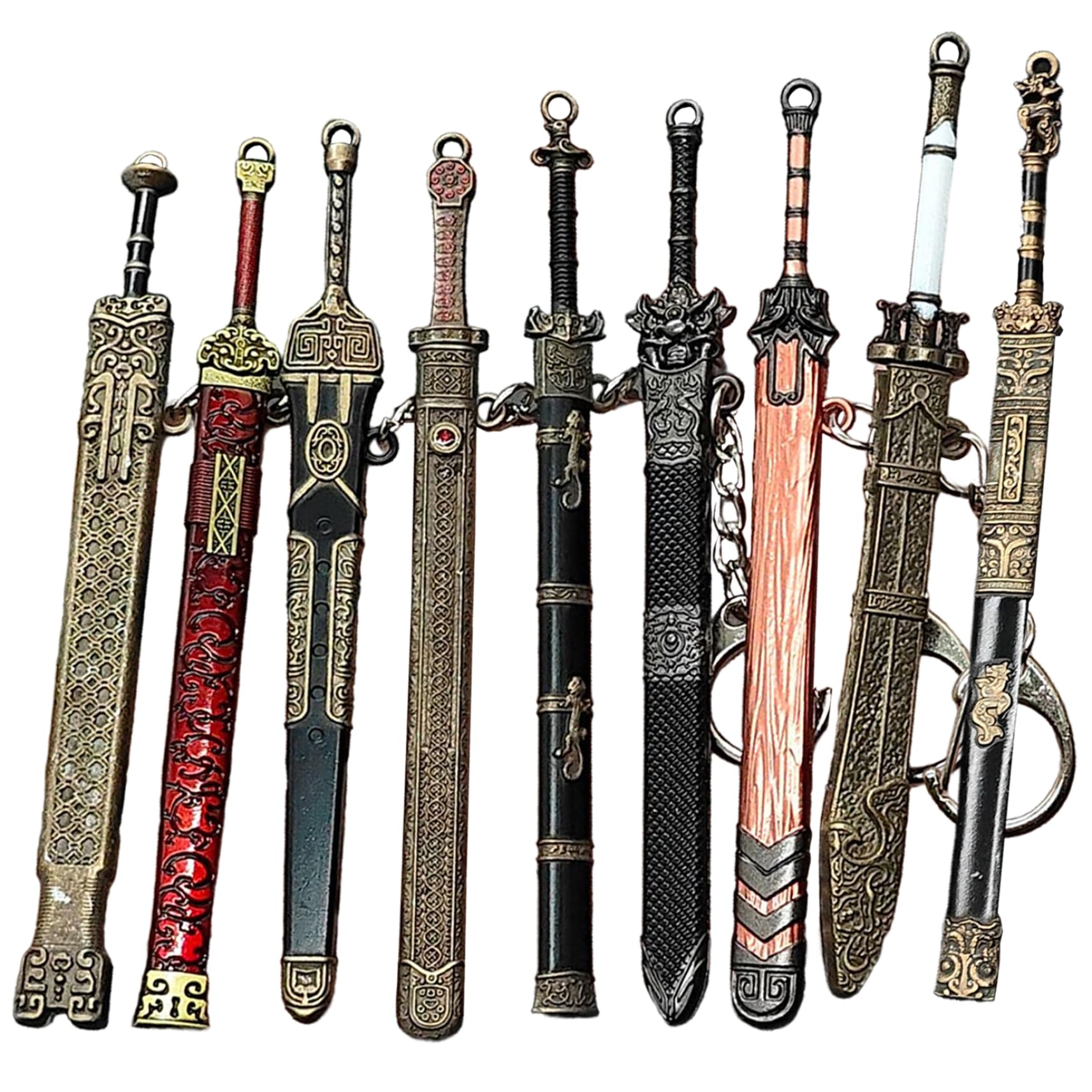 Bag Charm|9PCS Mini Sword 4.7" Ancient Sword Keychain Zinc Alloy Key Chain Old Scabbard Decoration Pattern Keychain Uncut Blade Model for Men Women