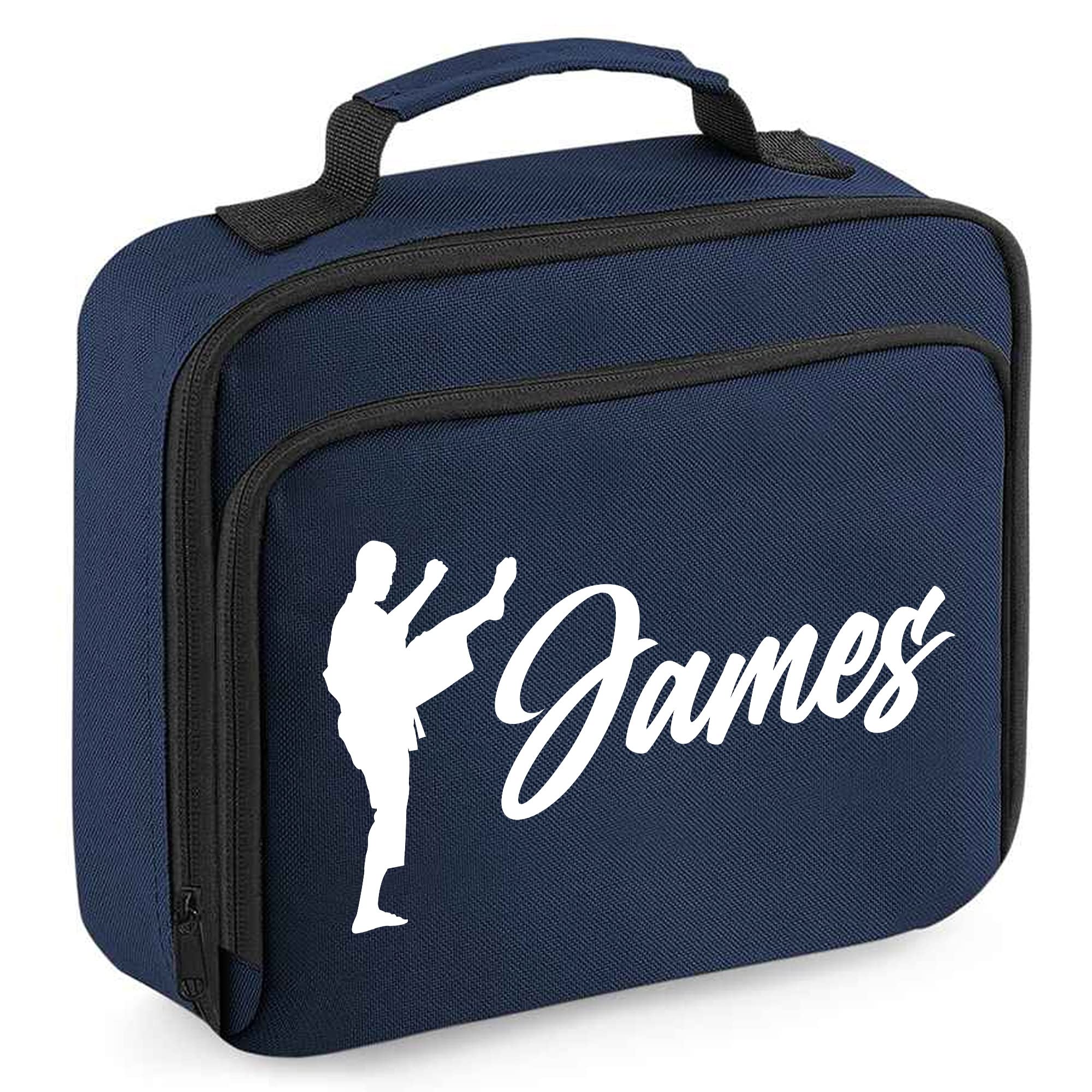 Personalised Boys Karate Lunch Cooler Bag, Custom Martial Arts Gifts Boys Lunch Box, Back to School Gifts for Son who Loves Karate, 24cm x 20cm x 8cm, Navy