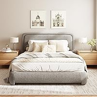 Vista 20 de Base de cama Boucle de tamaño Queen, plataforma tapizada con cabecera ajustable en altura y esquinas redondeadas suaves, sin ruido, fácil montaje