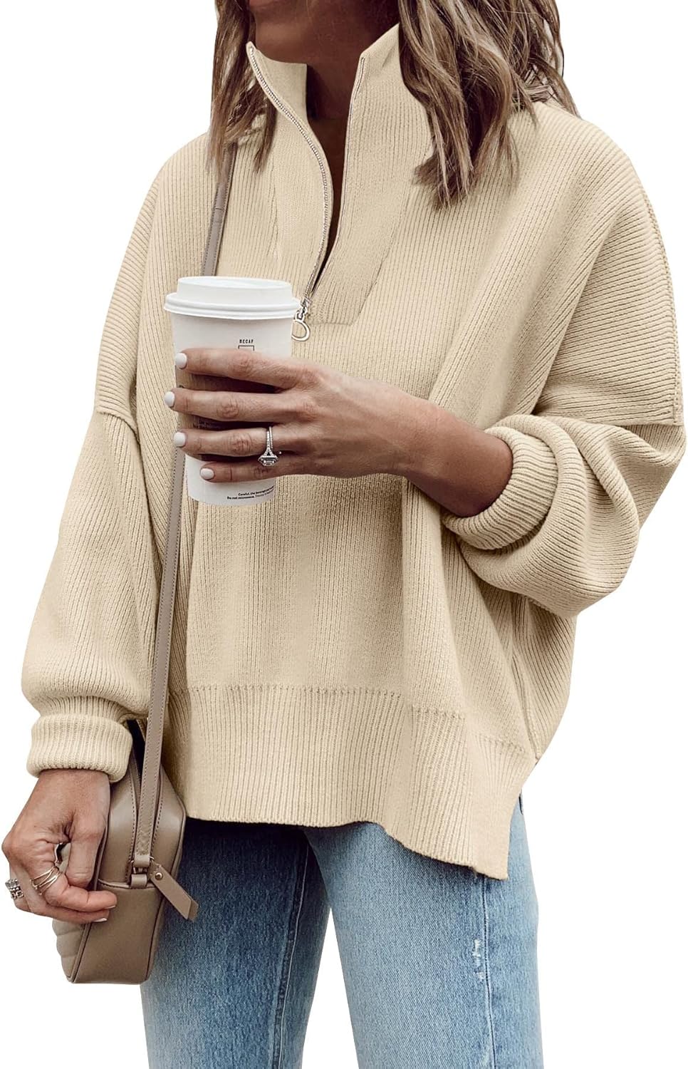 Imily Bela Womens Tunic Sweater Fall Long Sleeve 1/4 Zip Pullover Sweaters Oversized Slouchy Ribbed Knit Sweatshirt with Slit