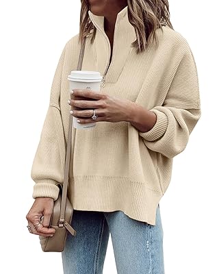Imily Bela Womens Tunic Sweater Fall Long Sleeve 1/4 Zip Pullover Sweaters Oversized Slouchy Ribbed Knit Sweatshirt with Slit
