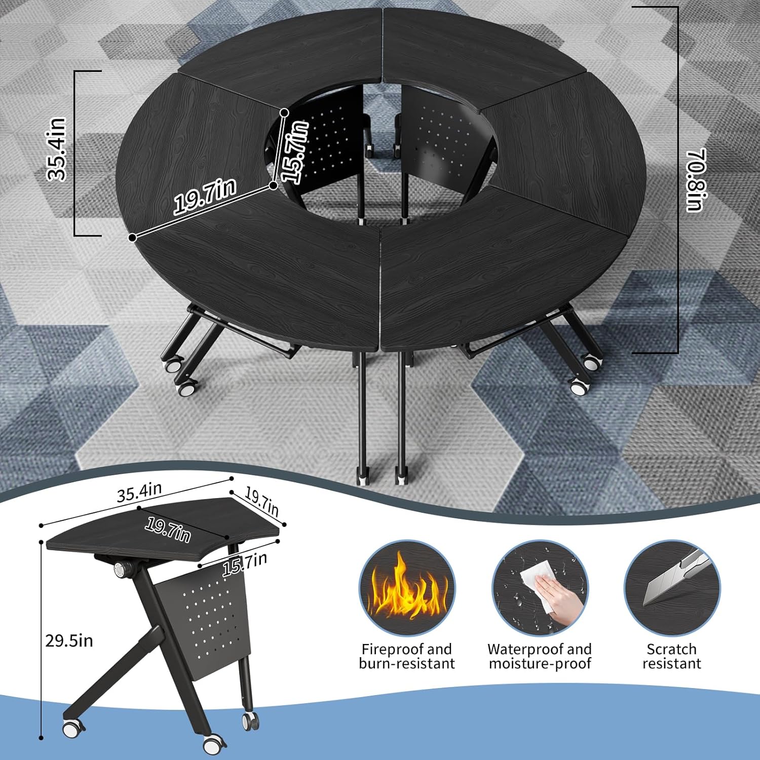 Folding Conference Room Tables Modular Seminar Conference Table with Wheels, 6-8 Person Foldable Fan-shaped Training Table for Office Dynamic Classroom, Stackable & Reconfigurable Meeting Tables