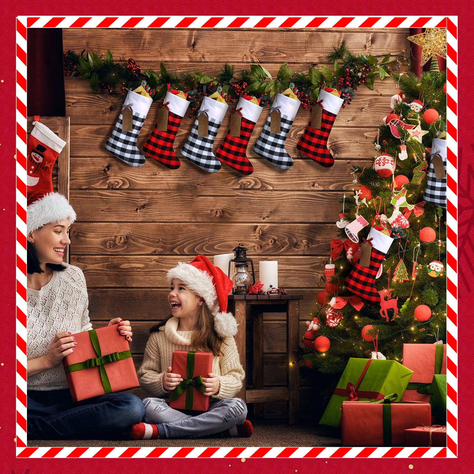 Lot de 16 grandes chaussettes de Noël avec étiquettes de nom en bois à faire soi-même - 45,7 cm - Décorations de Noël à suspendre avec étiquettes pour décoration de fête de Noël (blanc noir, rouge