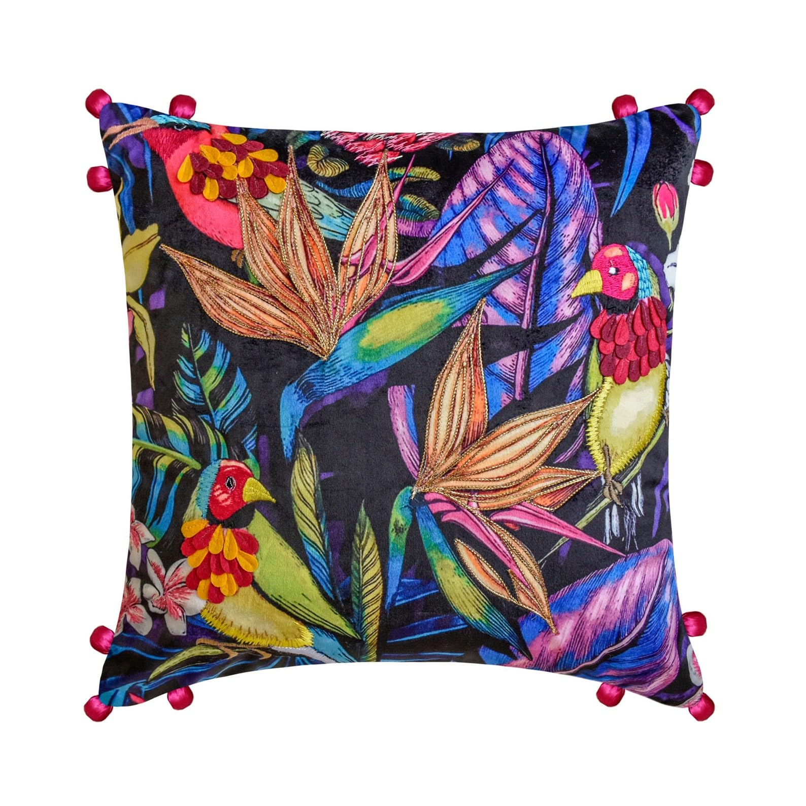 The HomeCentric Decorative Throw Cushion Cover Black 60x60 cm (24"x24") Velvet Floral, Parrot, Embrodiery Pillow Covers For Outdoor Furniture, Floral Modern Style - Radiant Parrots โ image 1