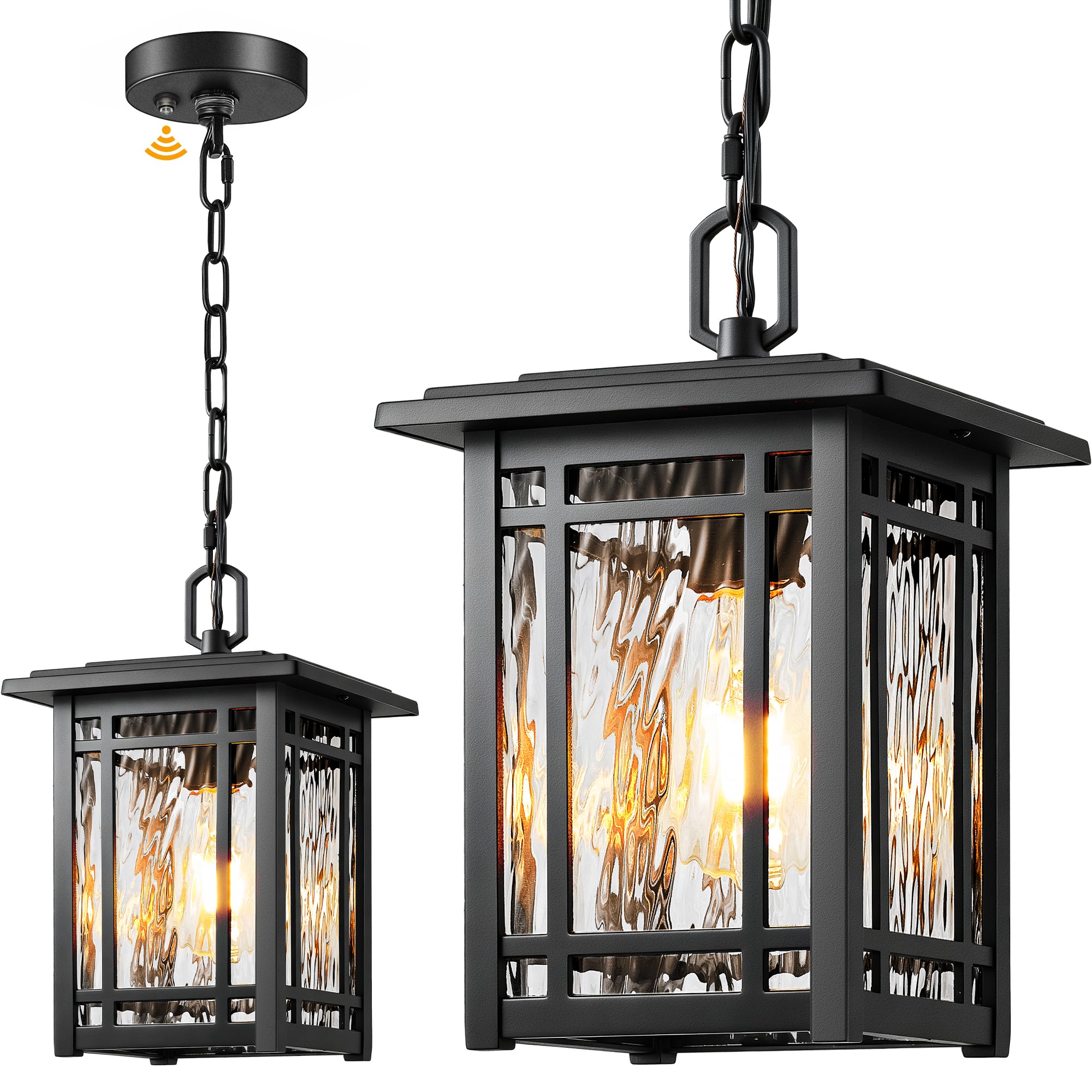 9''H Dusk to Dawn Outdoor Hanging Light, Black Porch Light Pendant