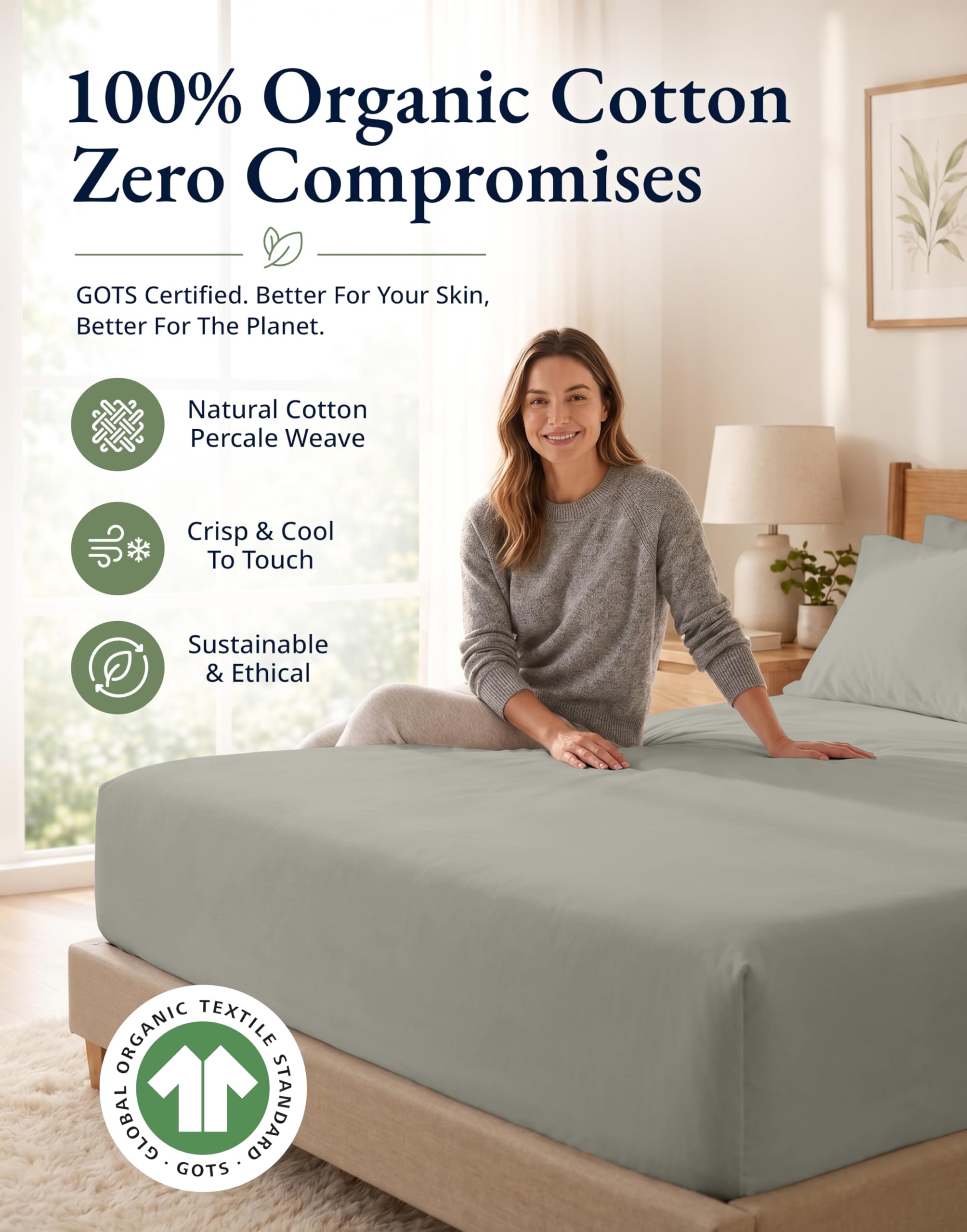 Lane Linen Lenzuolo con angoli per letto matrimoniale, 100% cotone biologico, percalle, morbido e traspirante, set di 3 pezzi con 2 federe, tasca profonda 38 cm ed elastico a tutto tondo, argento