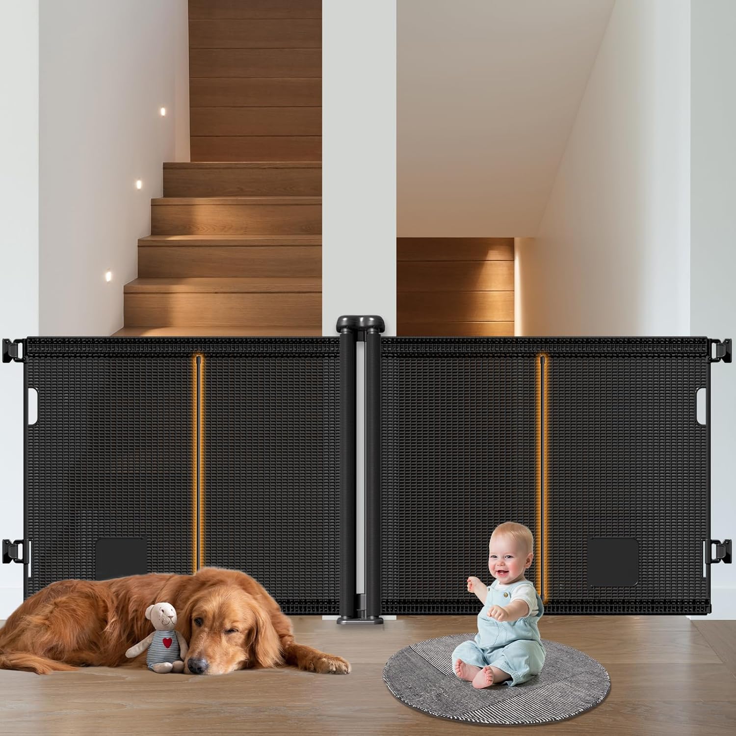 2-in-1 Retractable Baby Gates, 41" Tall Mesh Dog Gate with Cat Door 2-Pack, One Side Up to 71" Wide, Total 142" Wide, Long Retractable Pet Gate for Stairs Landing Indoor Outdoor-Black Black 41" Tall x 142" Wide(2-in-1)