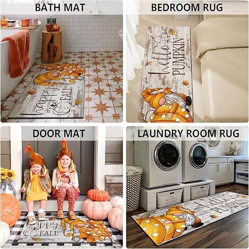 Miniatura 5 de Faptoena Juego de 2 alfombras de cocina de calabaza de otoño, alfombra de cosecha a cuadros de búfalo y alfombras antideslizantes y lavables para