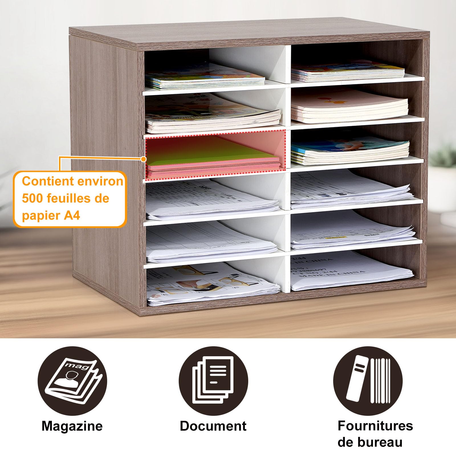 GUUSII HOME Organisateur de Bureau Bois Rangement Banette Casier Bannettes Classeur Bureau Range Trieur Document Papier Bureau avec 12 Compartiments Taille 48.9x40.9x30.5cm