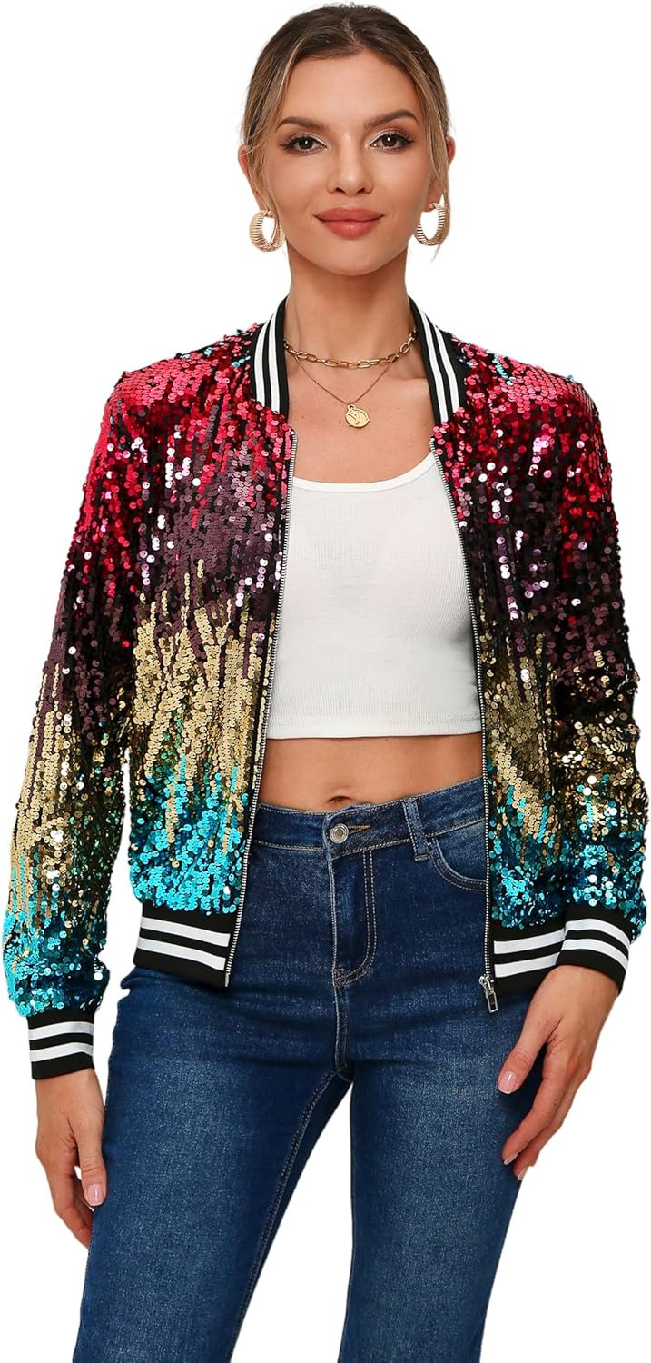 Womens Long Sleeve Sequin Open Front Zipper Jacket with Ribbed Cuffs
