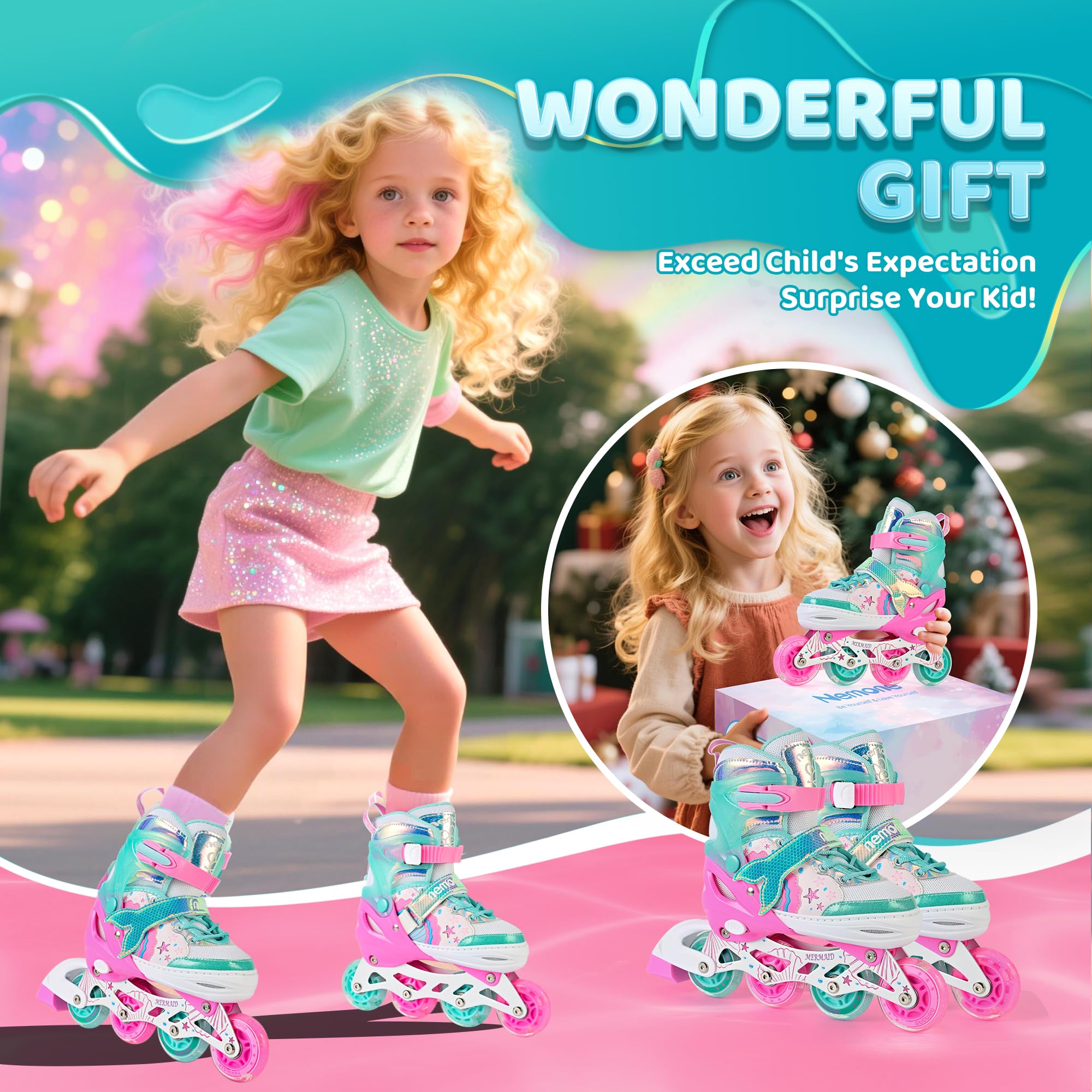 NEMONE Sirena Pattini in Linea Bambina Regolabili 8 Ruote Pattini in Linea per Bambino Bambini Regalo,Indoor Principianti Inliner Outdoor