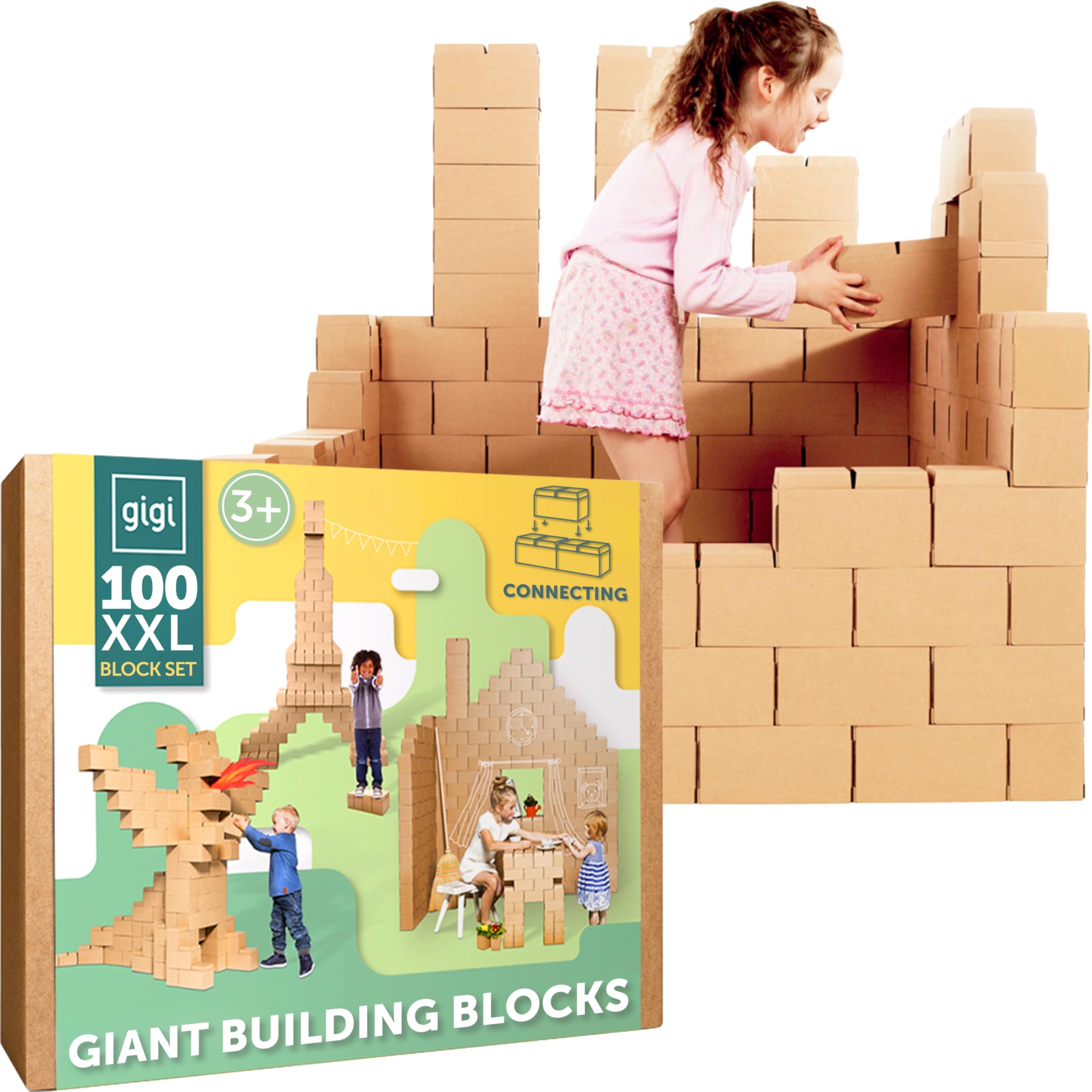 GIGI Bloks XXL Mega Cardboard Building Blocks 100 XXL Piece Set | Jumbo Blocks For Kids With New Interlocking System | Giant Construction Bricks For Toddlers | Sturdy & Easy-To-Assemble | Perfect Gift