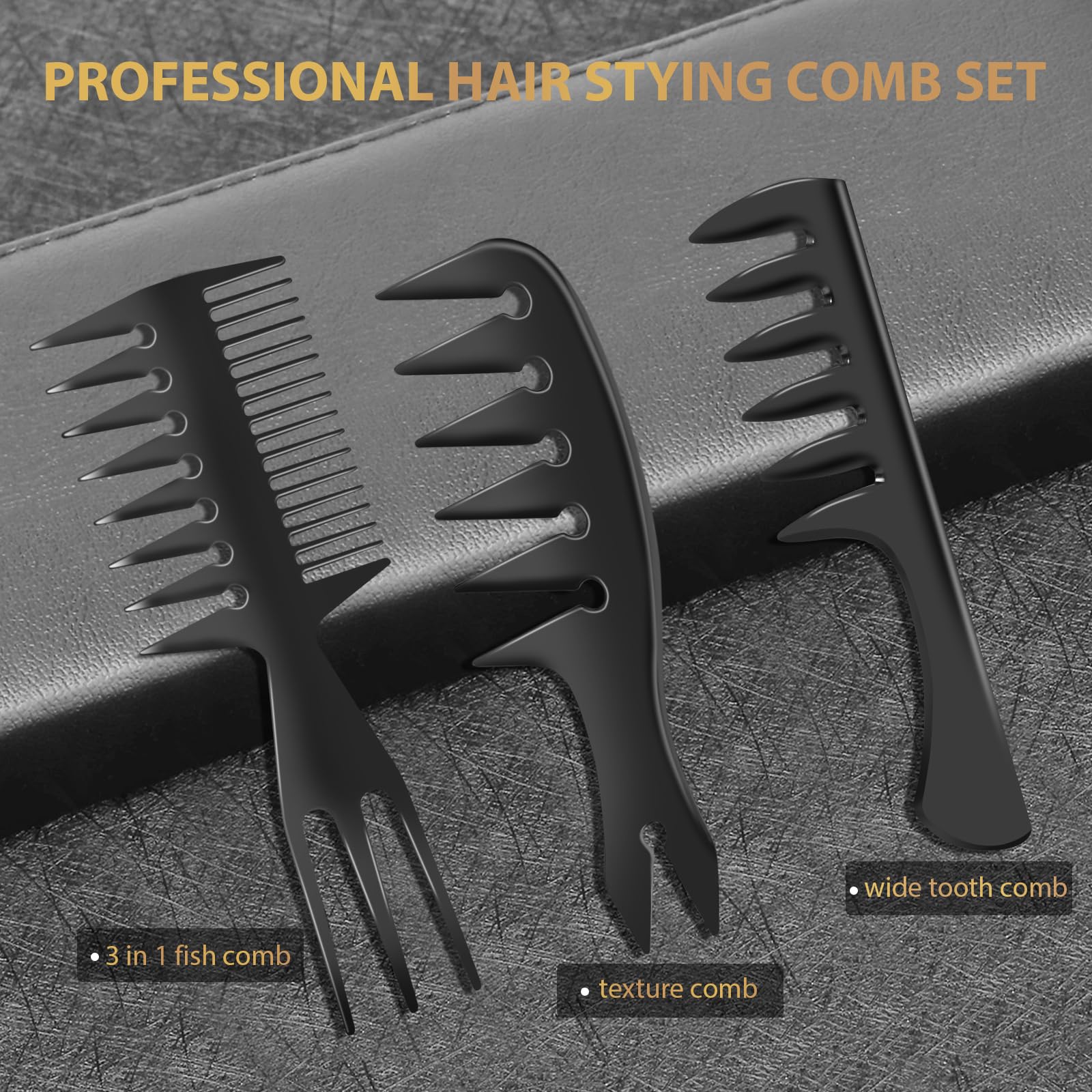 DUAIU 3 Pcs Hair Styling Combs Set for Men Black Wide Tooth Comb Texture Comb for Quiff Pompadour, Slicked-back, Fauxhawk, Undercut - Image 2