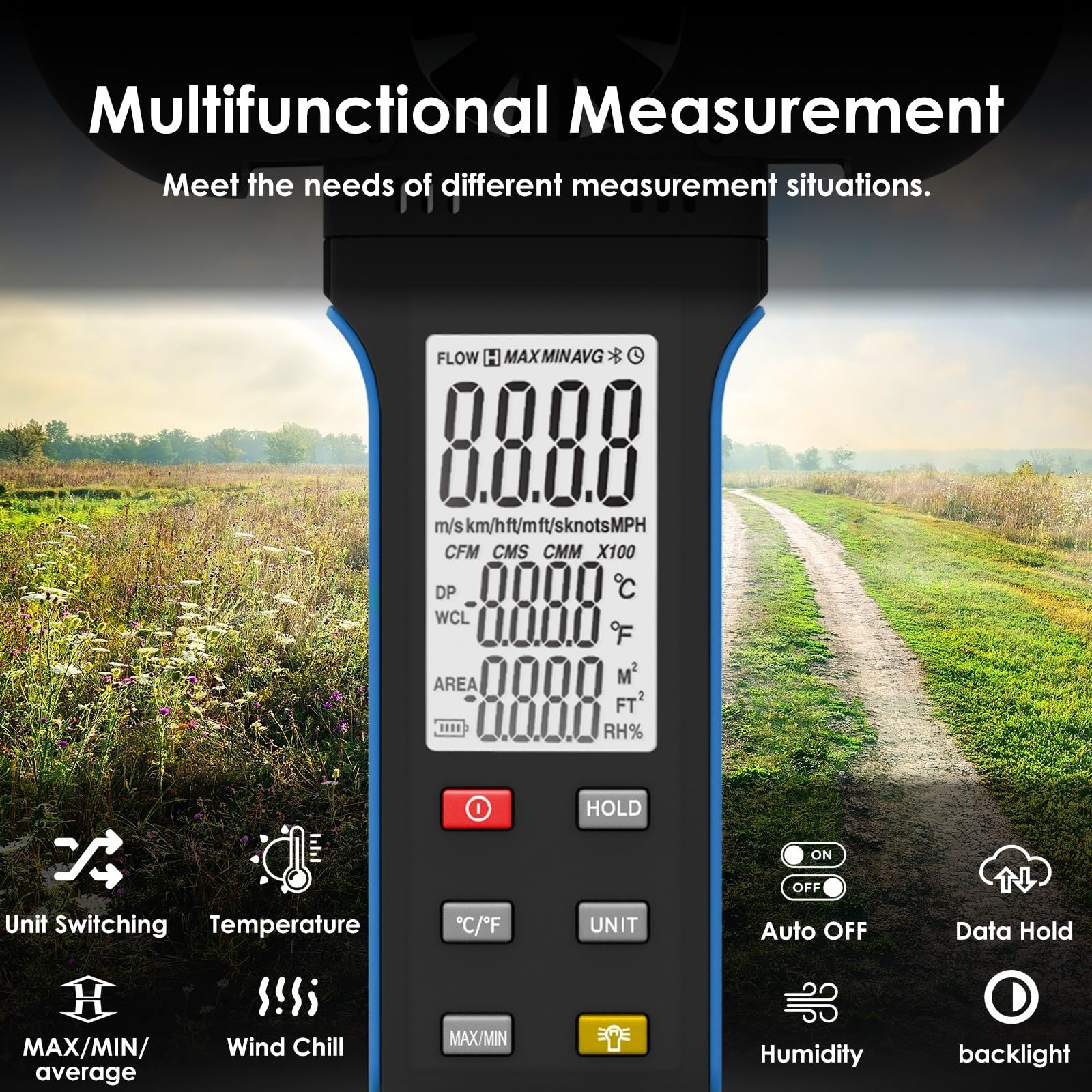 Anemometry, Cyfrowy anemometr ręczny z obrotowym detektorem o 270° i podwójną pokrywą wiatrowskazu, 6 jednostek prędkości wiatru