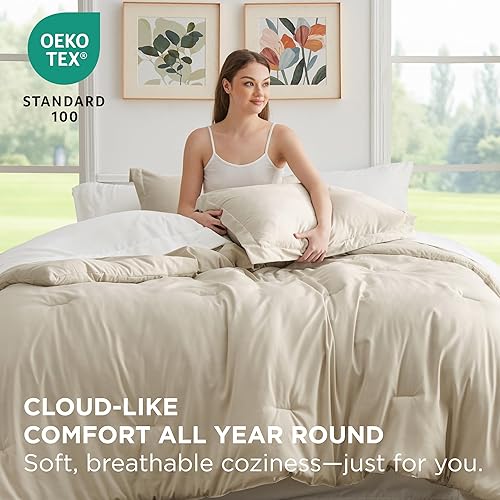 Miniatura 3 de Bedsure Juego de edredón tamaño Queen, color beige, edredón suave de 7 piezas para cama de tamaño Queen con sábanas, fundas de almohada y fundas,