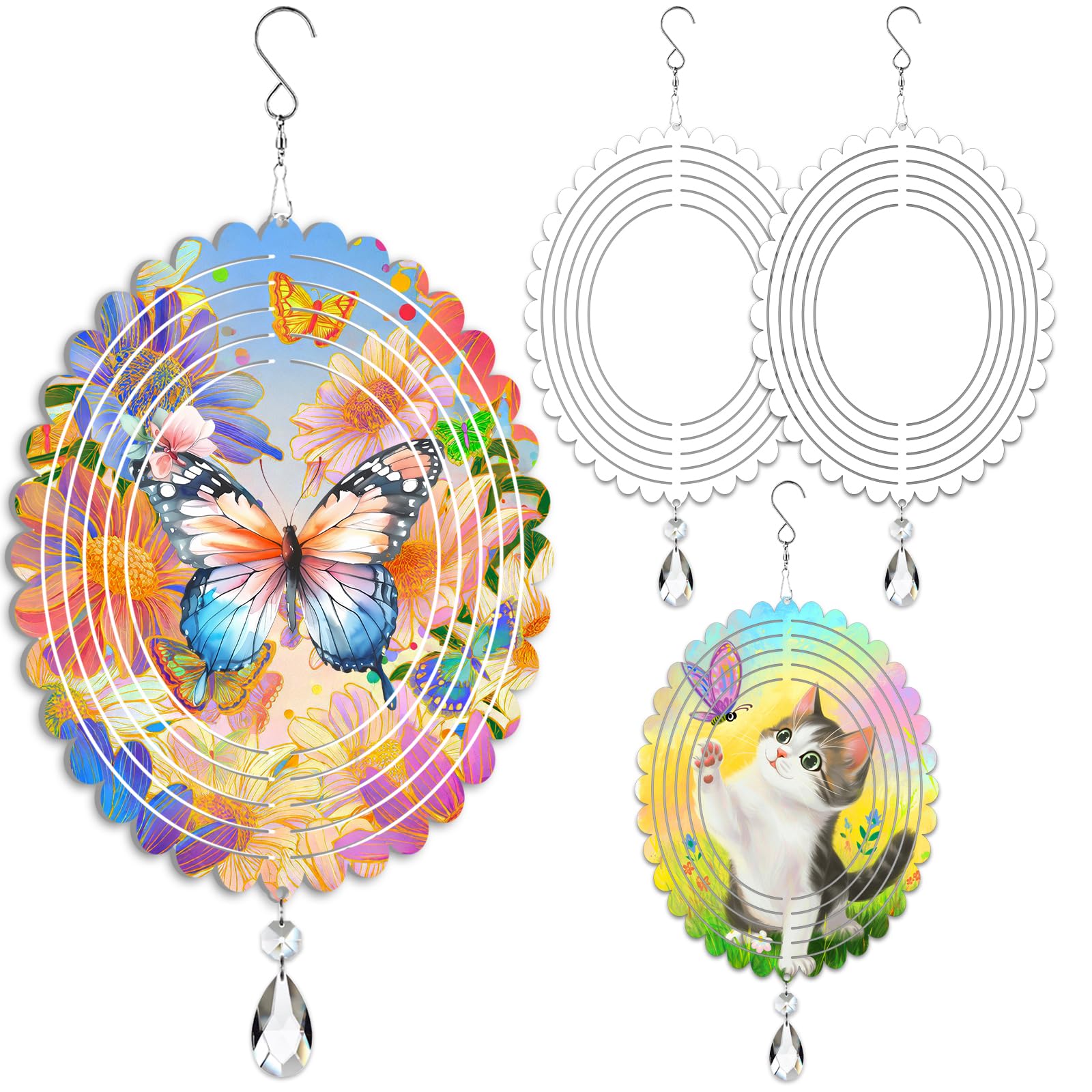 WindMage 4Pack 10inch Sublimation Wind Spinner Blanks 3D Aluminum Metal Wind Sculpture Kinetic Spinners for Yard and Garden Indoor Art Ornaments Hanging Decoration (Floral Oval)