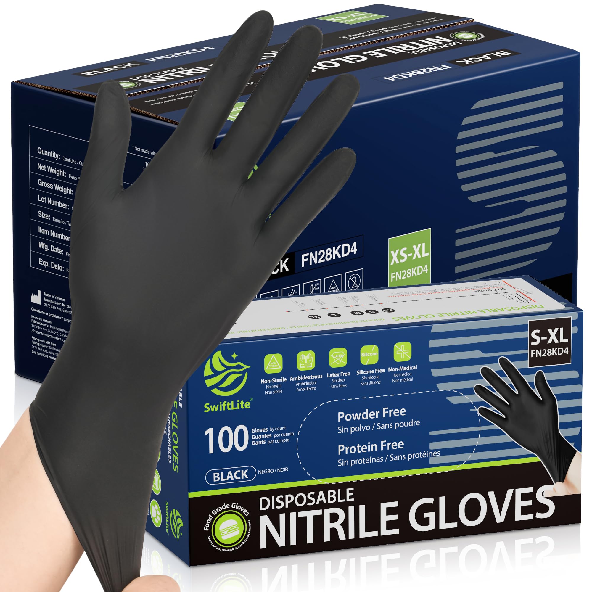 SWIFTLITE Black Nitrile Gloves Disposable Latex Free, Food Safe | Rubber Gloves Powder Free for Cooking, Food Prep, Kitchen Cleaning