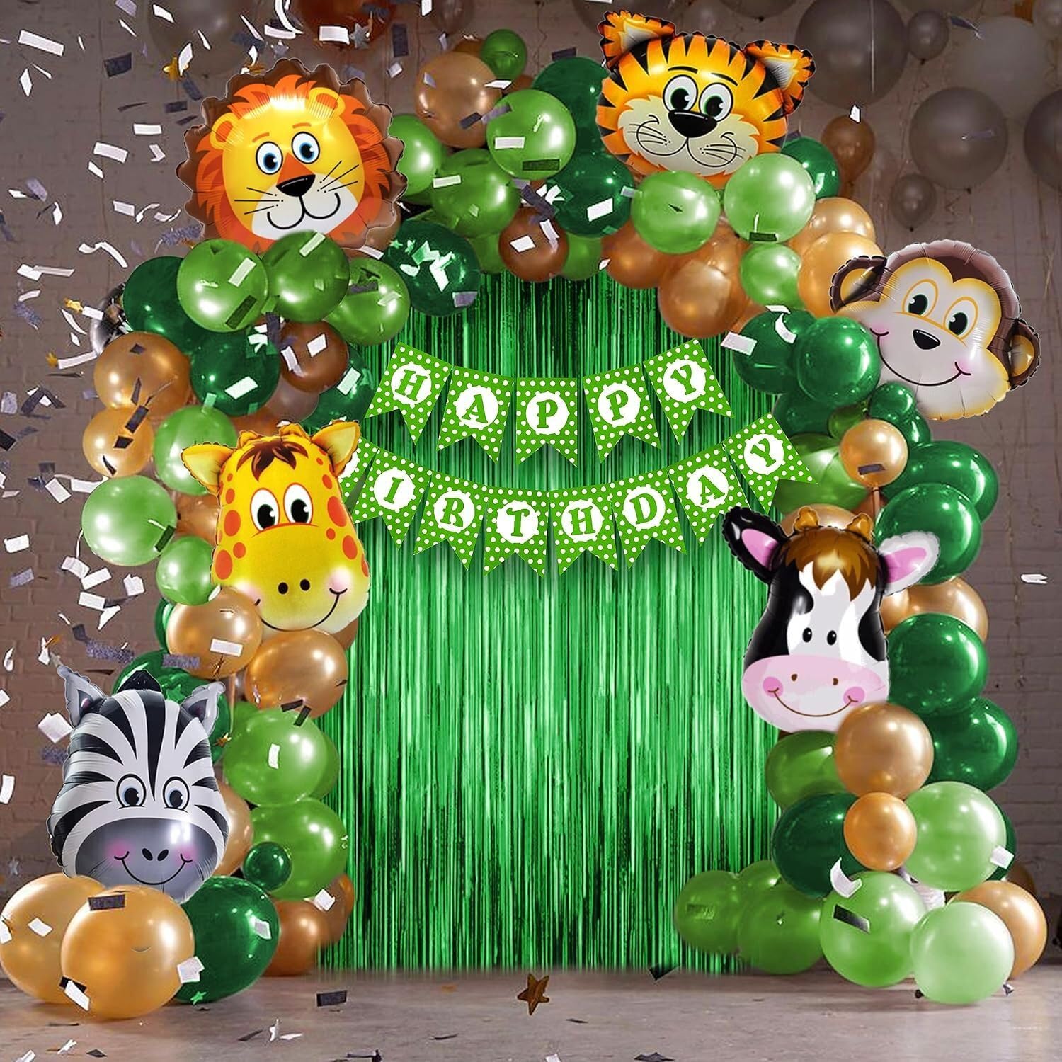Just Party Jungle Themed Birthday Decoration Set - 66 Piece Complete Birthday Party Decorations for a Wild Celebration - Green Balloons, Animal Foil Balloons and DIY Decor Kit