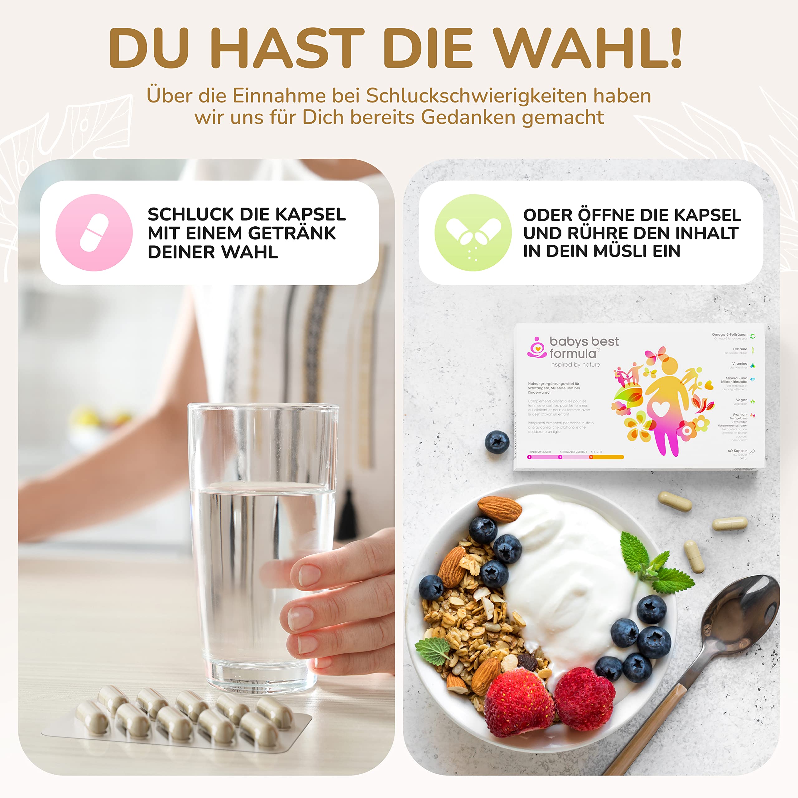 Babys Best | Kinderwunsch Vitamine | Schwangerschaft Vitamine | Stillzeit | Folsäure 600 mcg | veganes Omega 3 | rein pflanzlich | nur 1 Kapsel pro Tag | Made in Germany
