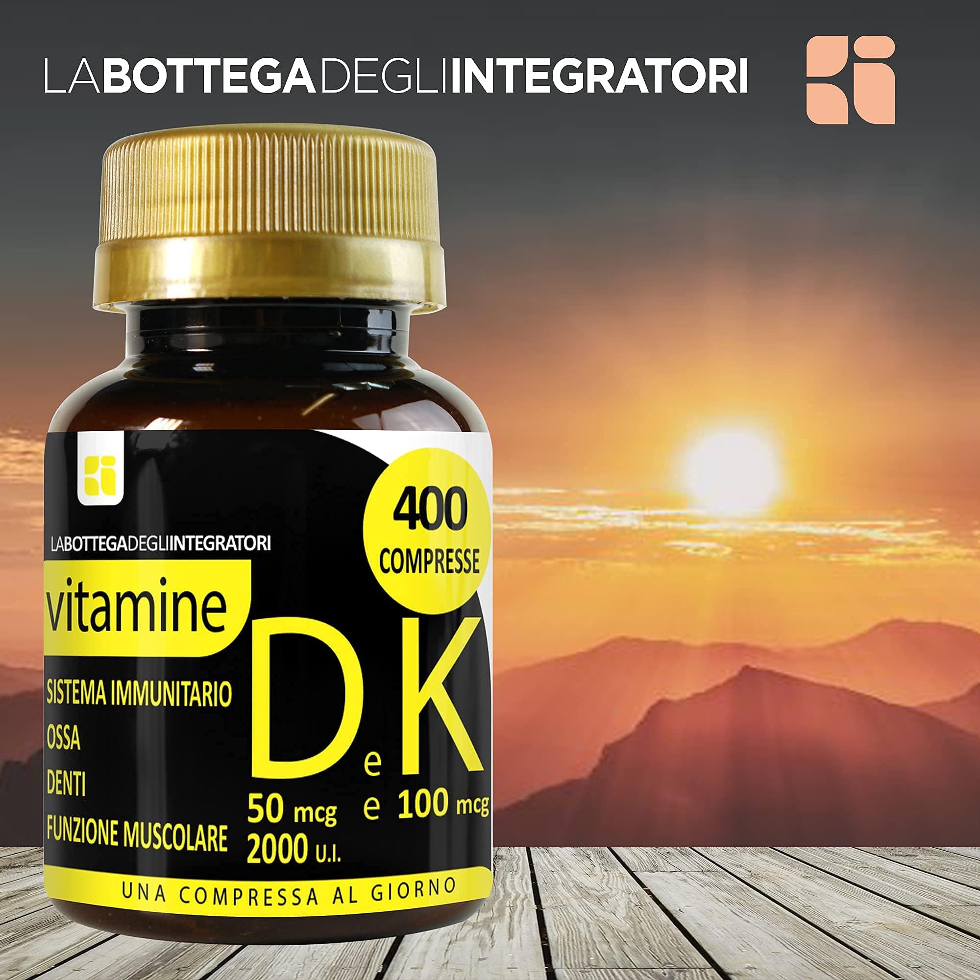 Vitamine DK 4000 Compresse 1 al giorno | D3 2000 U.I. da Lichene K2 100 µg da Natto| Non di origine animale | Sistema Immunitario Ossa e Denti LA BOTTEGA DEGLI INTEGRATORI