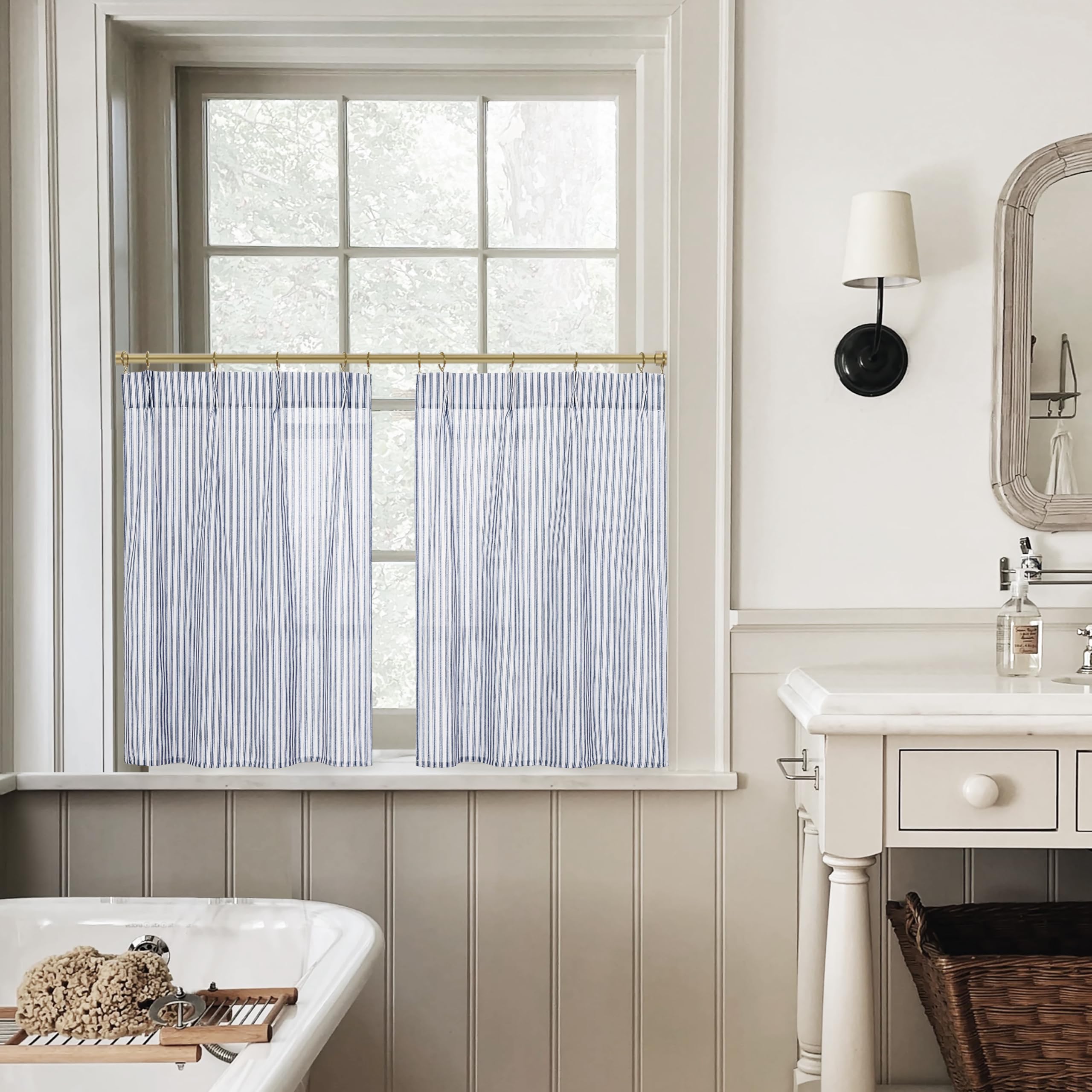 Lino Rosa Cortinas de lavandería para Ventanas, diseño de Rayas pequeñas, diseño de Estampado Azul Marino, Cortinas Cortas de Lino traslúcidas para Dormitorio y baño