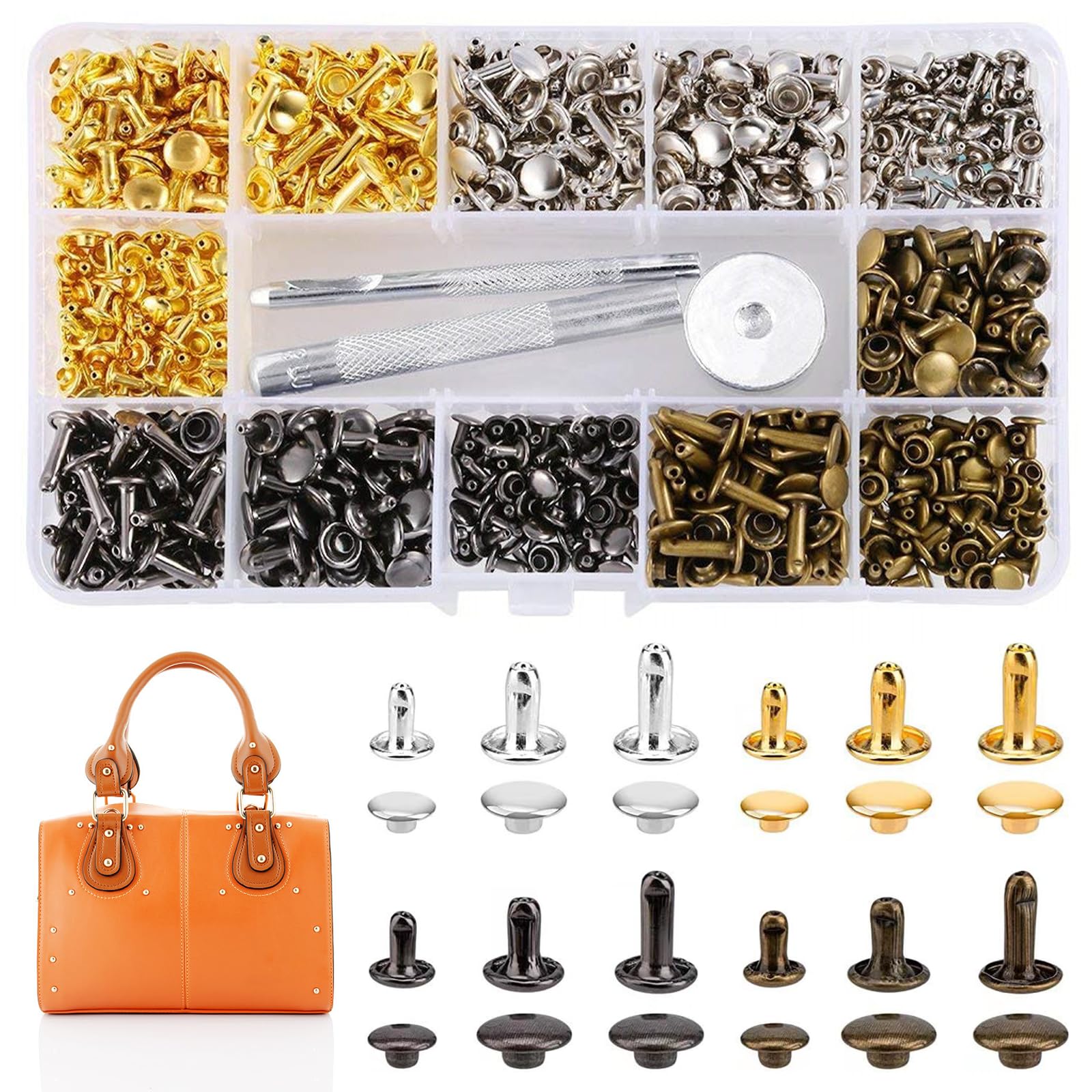 TXS 480 PCS Leather Rivets 3 Sizes Double Cap Rivets with 3 PCS Fixing Tool Kit Round Rivets Tubular Metal Studs Rivets for Leather Crafts Clothes Belts Handbags Shoes Jackets